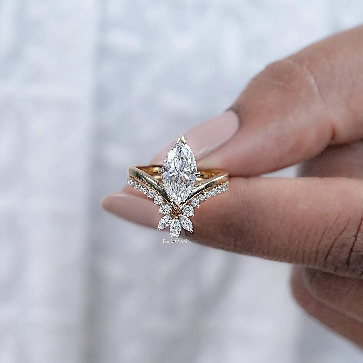 Marquise Cut Lab Diamond Chevron Bridal Ring Set