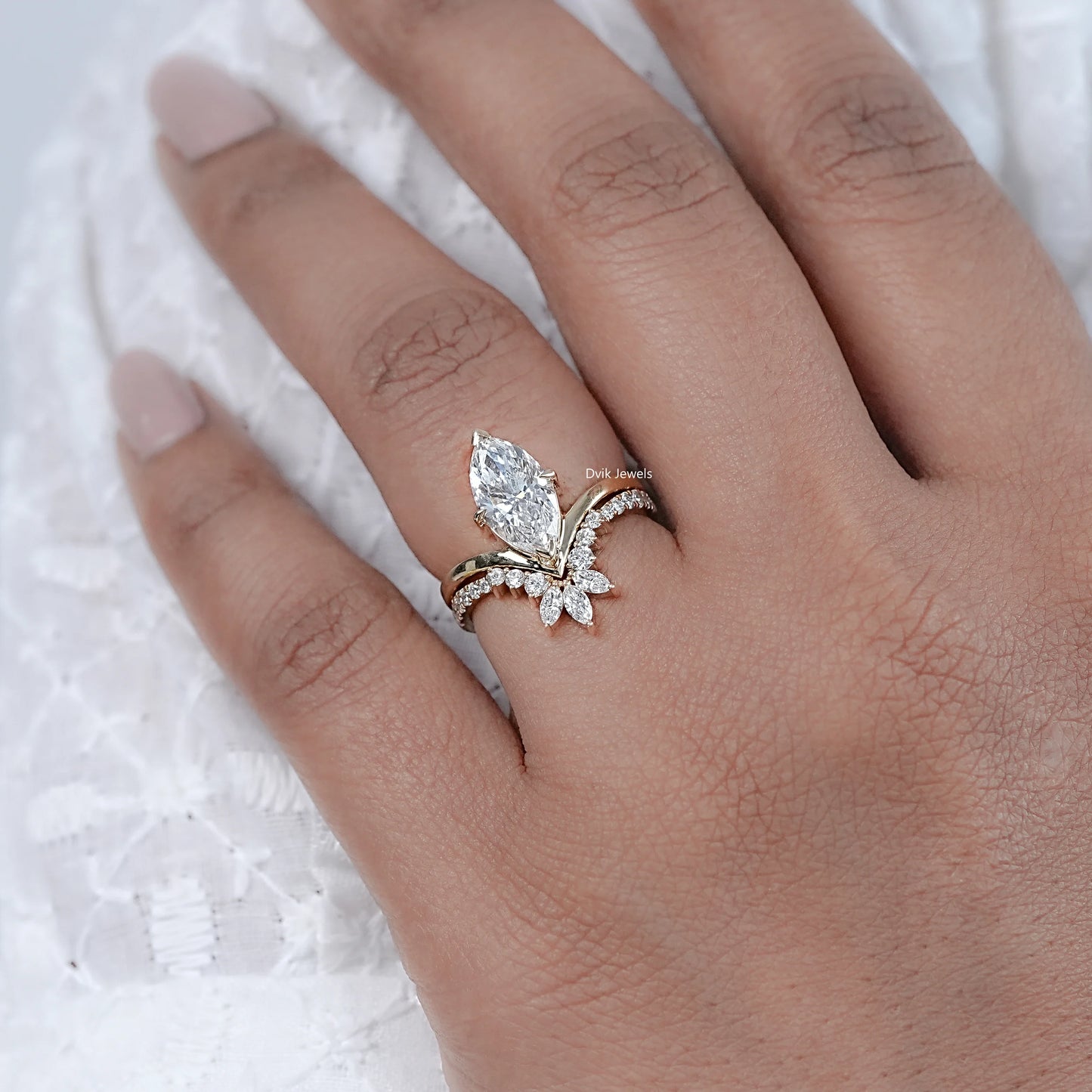 Marquise Cut Lab Diamond Chevron Bridal Ring Set