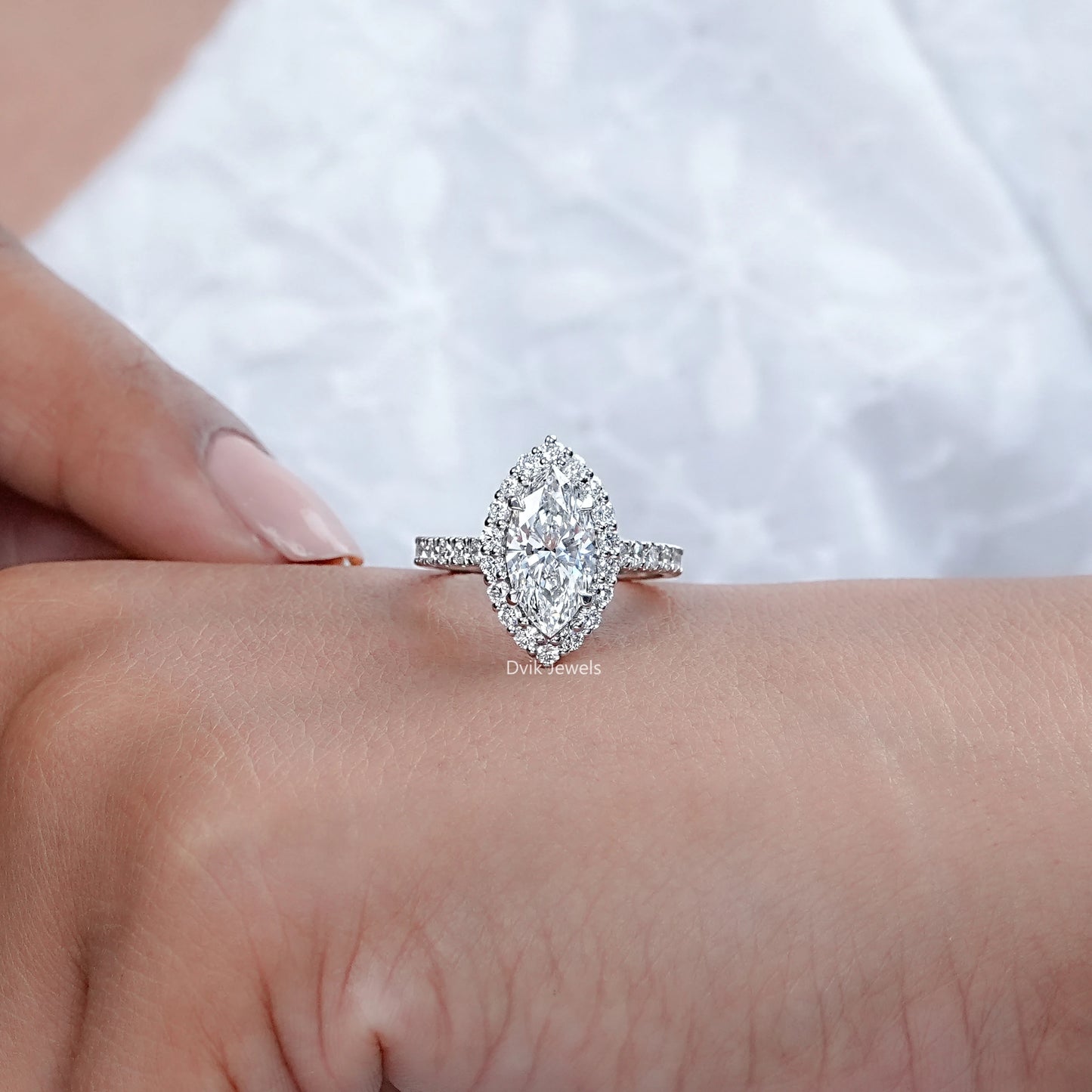 Marquise Cut Halo Diamond Wedding Ring