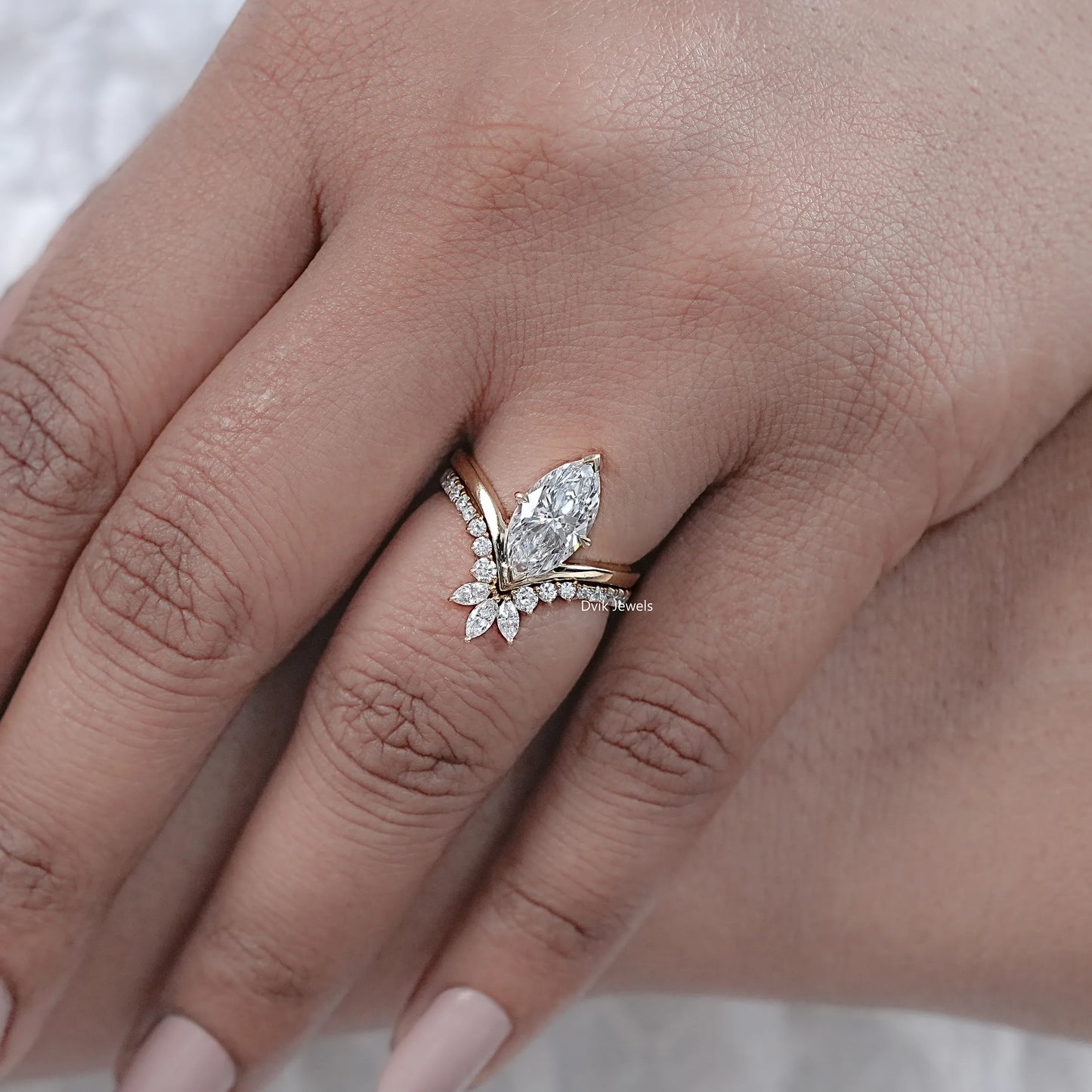 Marquise Cut Lab Diamond Chevron Bridal Ring Set