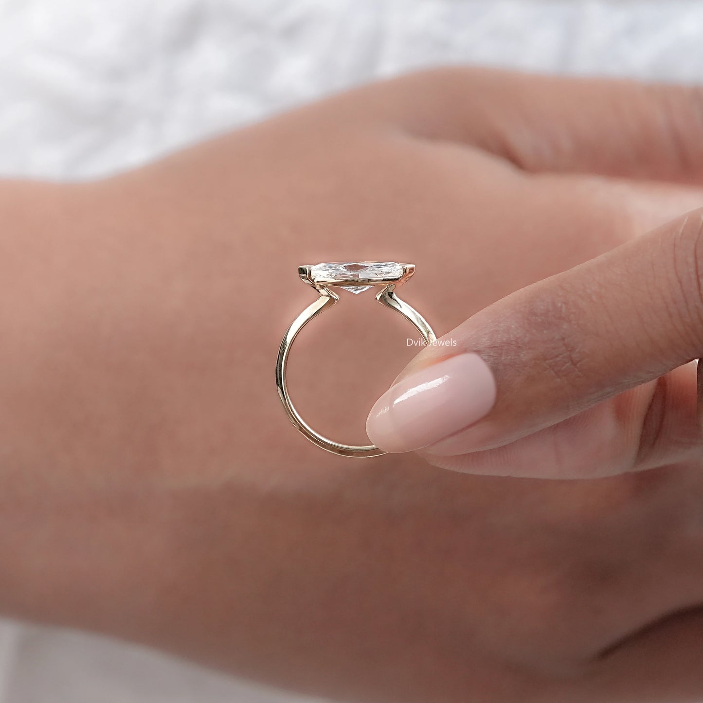 East-West Marquise Lab Diamond Half Bezel Ring