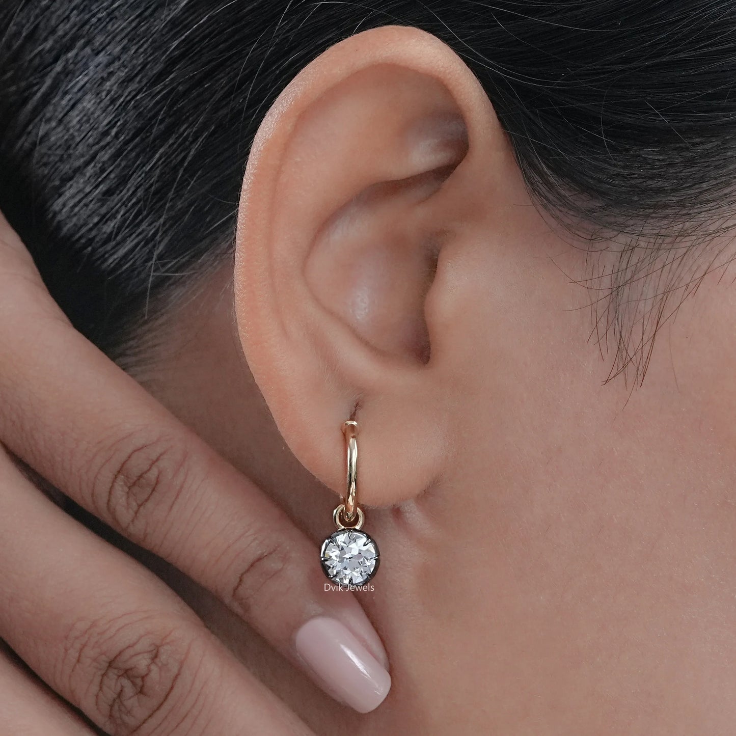 OEC Round Diamond Black Coating Dangle Hoop Earrings