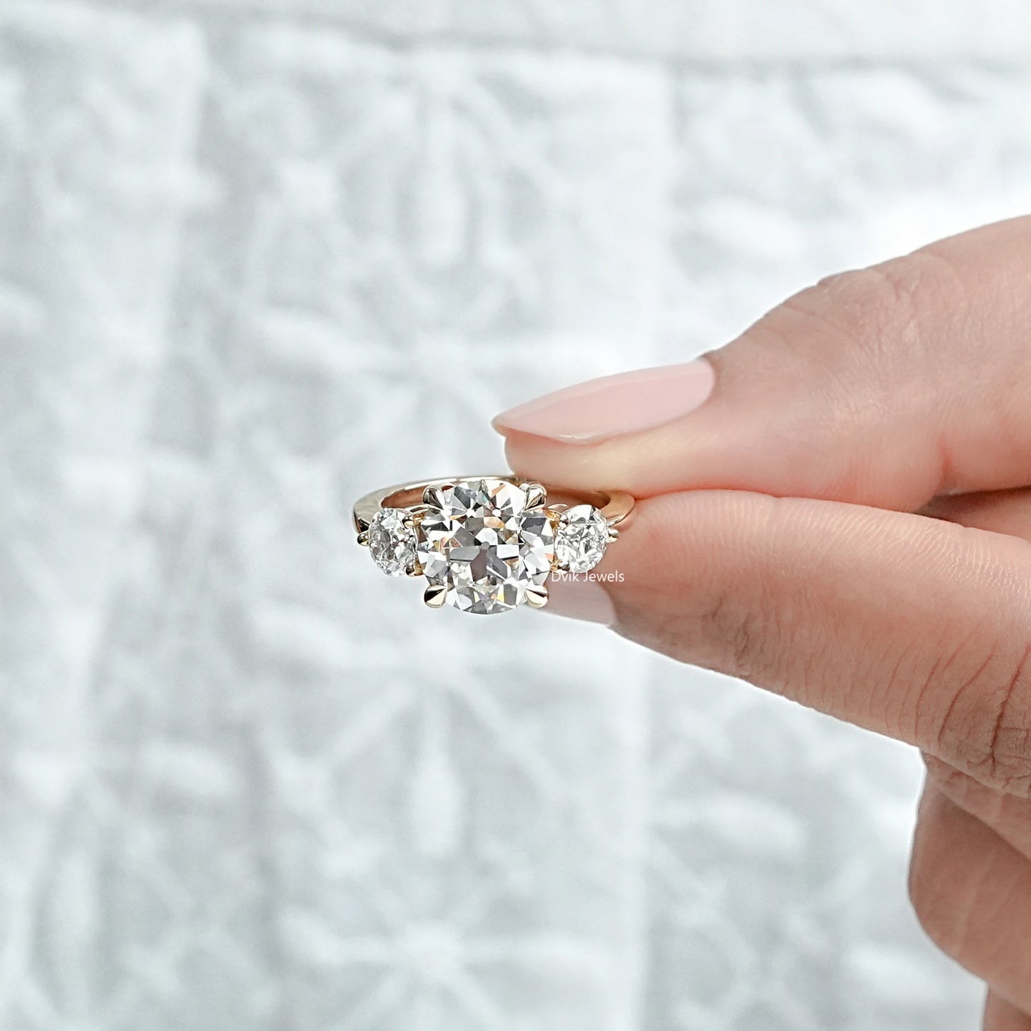 3 Stone Old European Round Diamond Engagement Ring