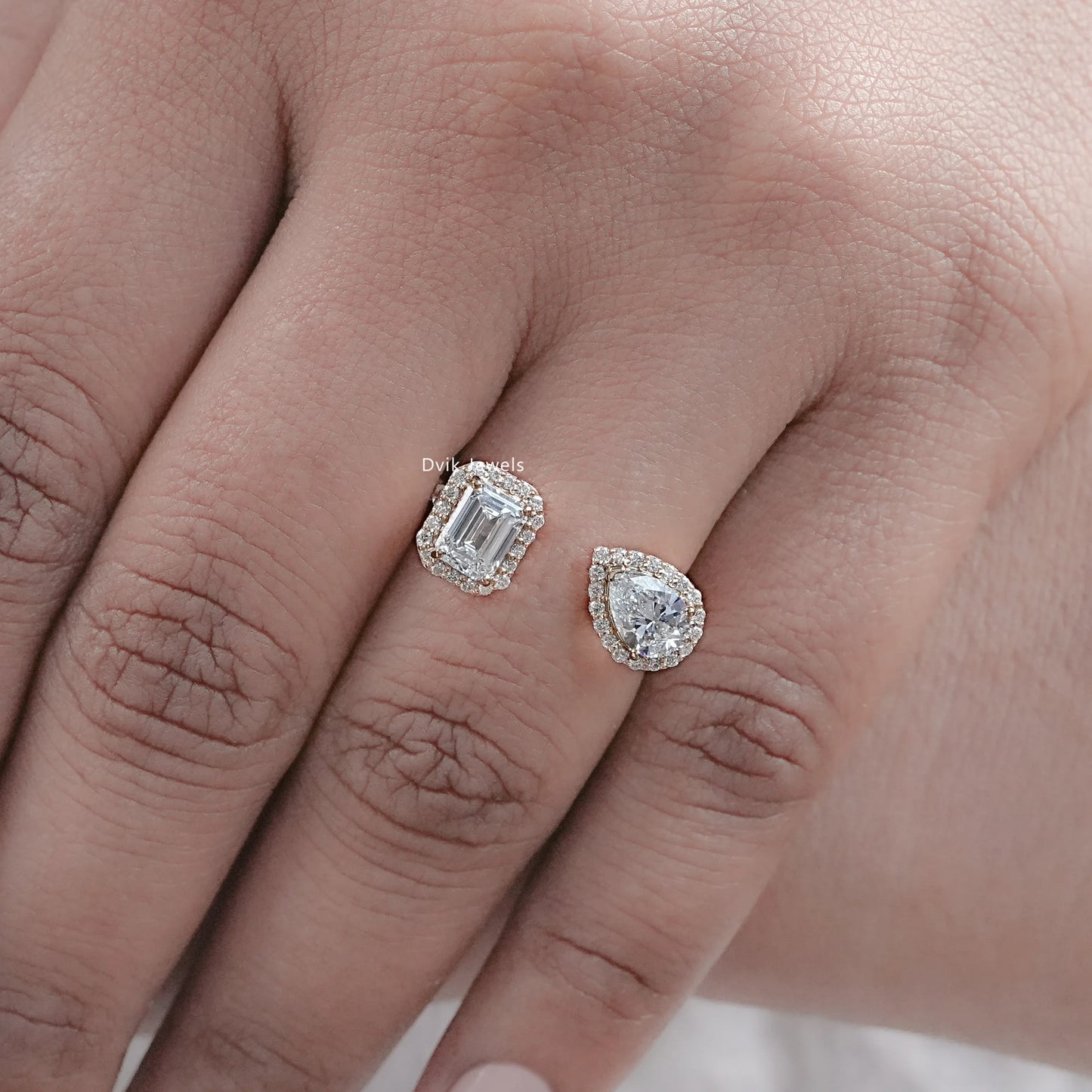 Emerald & Pear Halo Lab Diamond Two Stone Ring