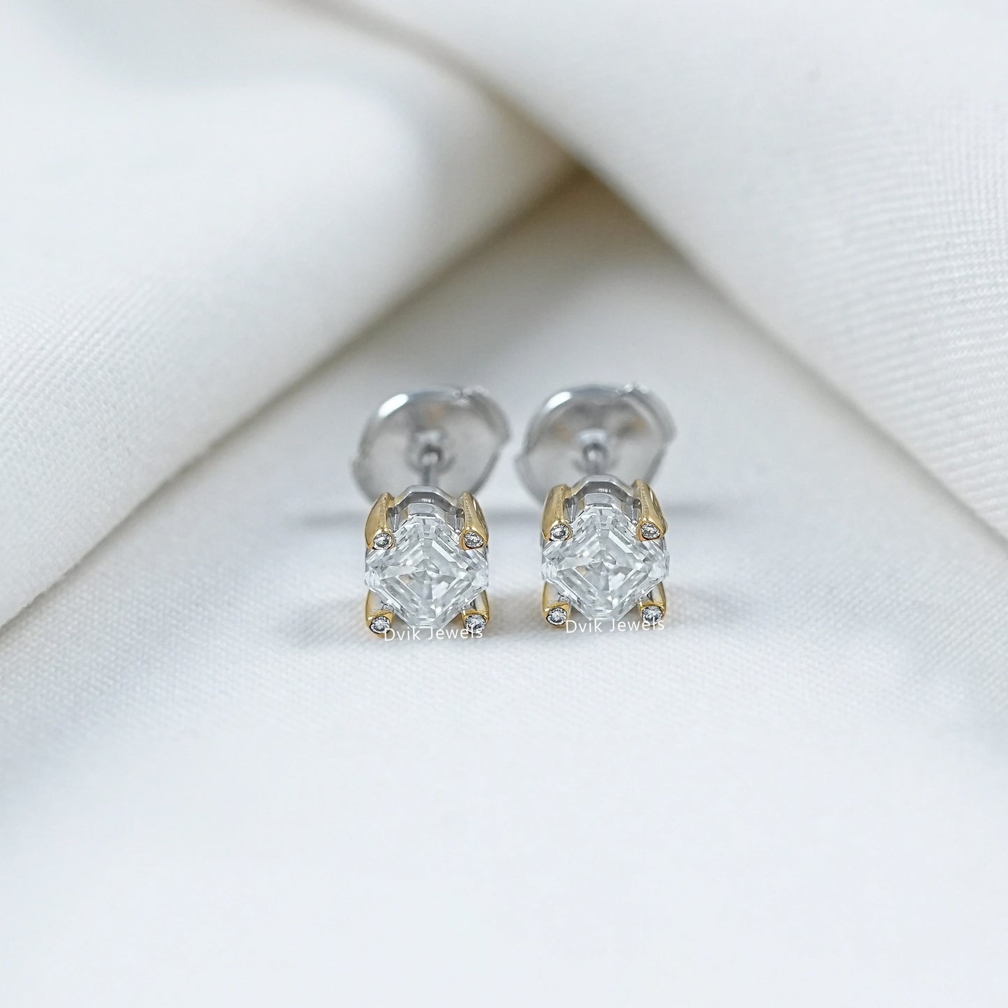 Asscher Cut Lab Diamond Two Tone Stud Earrings