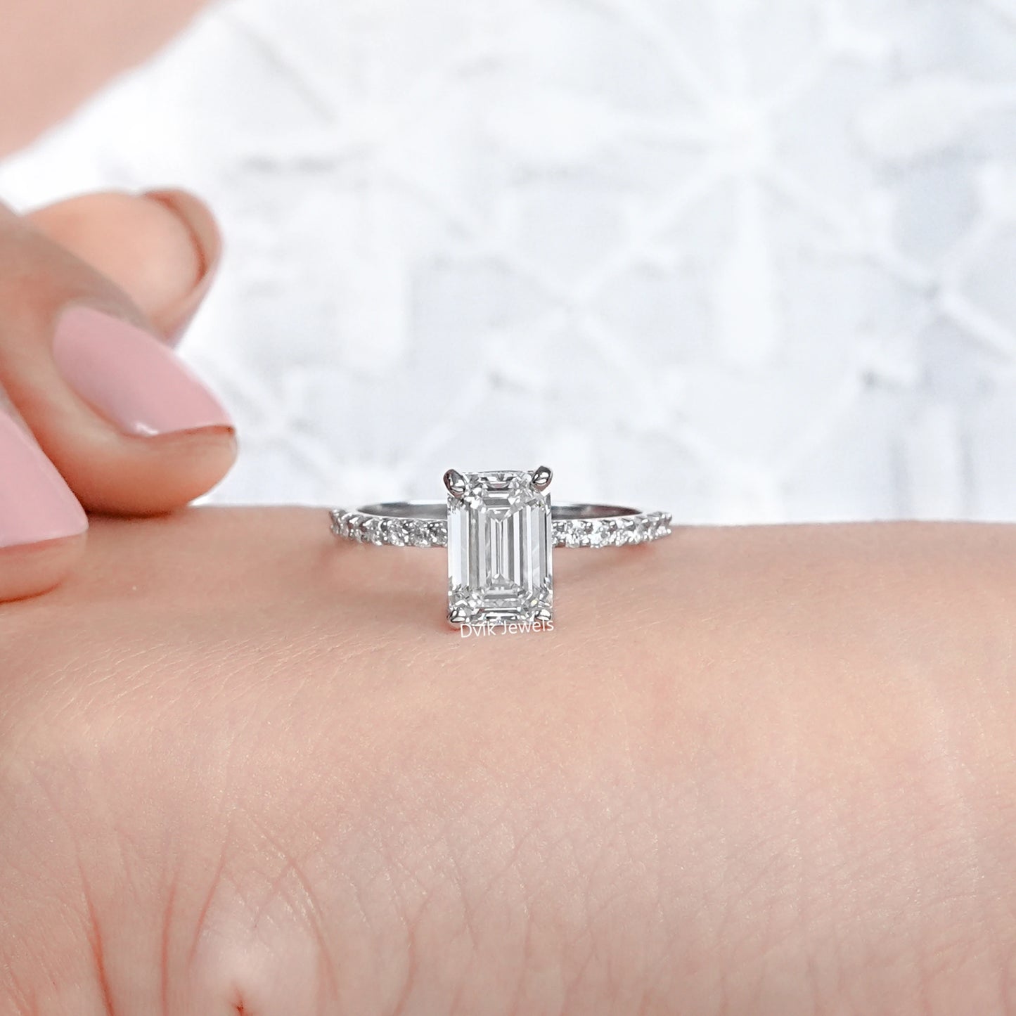 Emerald Cut Diamond Solitaire Accent Engagement Ring