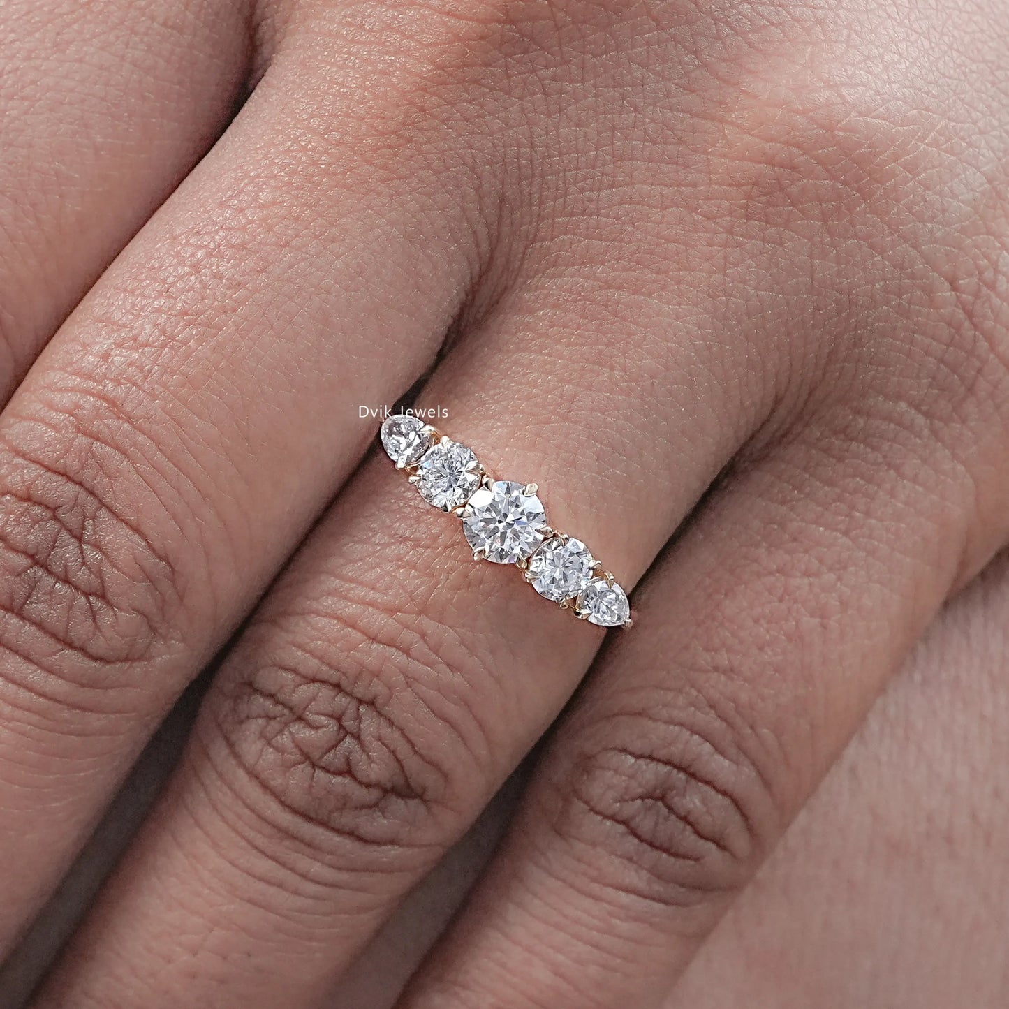Round Diamond Pear Accent Five Stone Ring