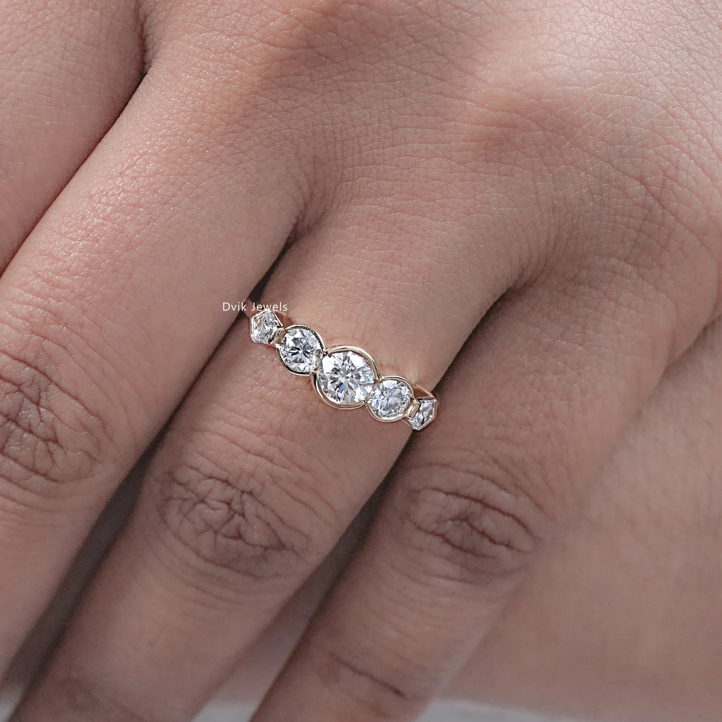 Bezel Set Round And Pentagon Diamond Five Stone Ring