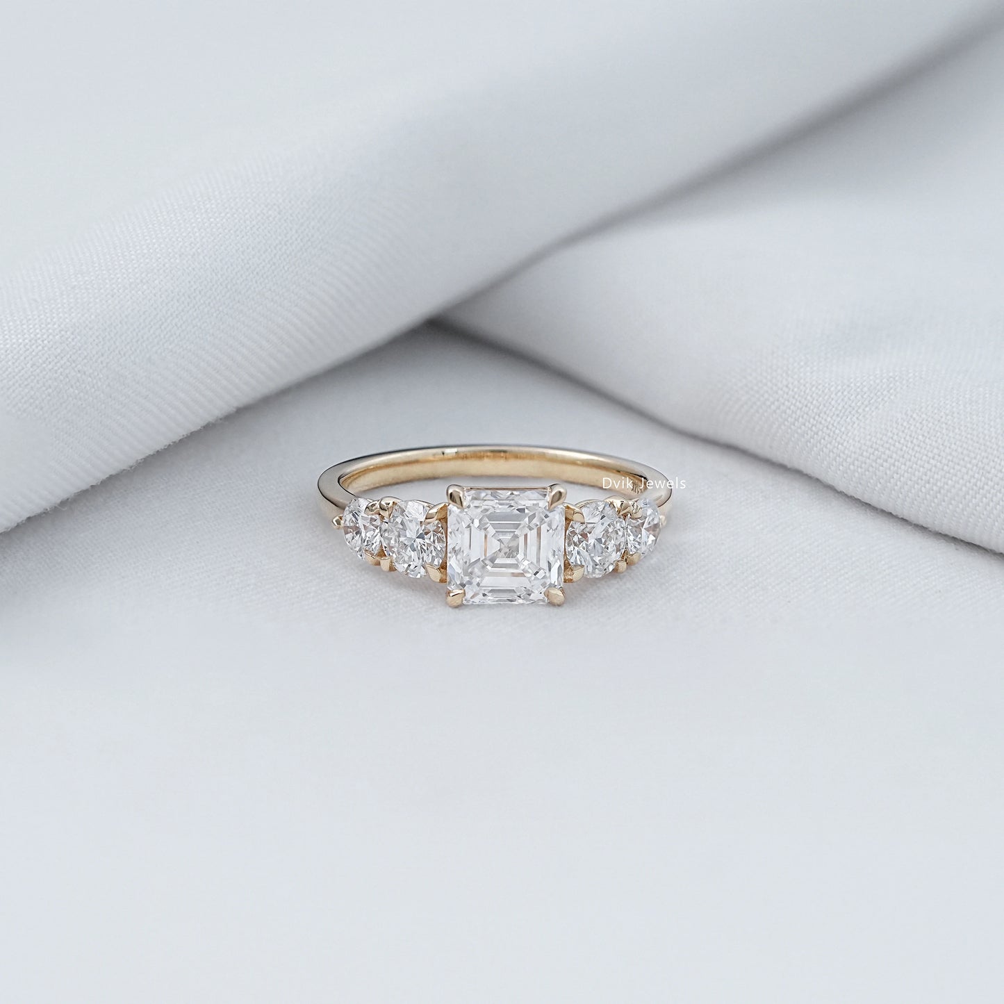 Square Emerald & Round Cut Lab Diamond Five Stone Ring