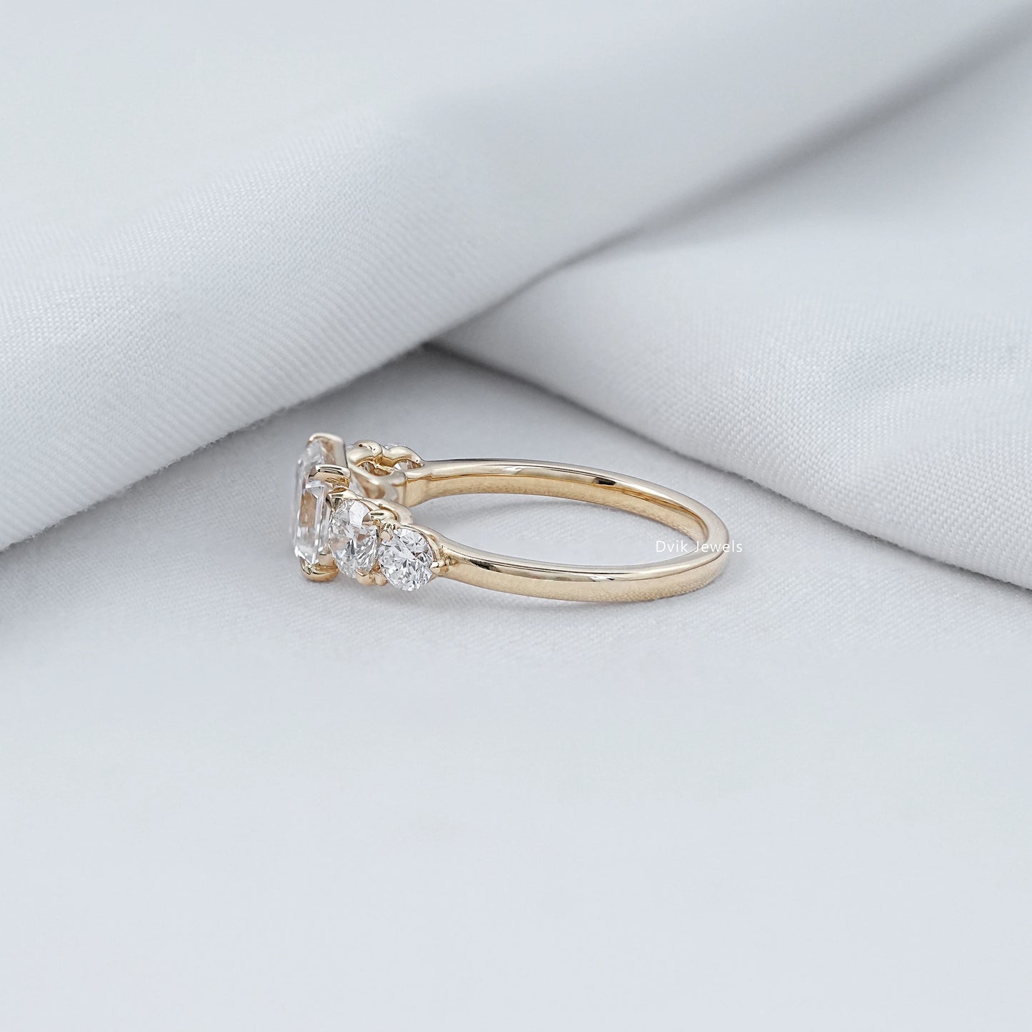 Square Emerald & Round Cut Lab Diamond Five Stone Ring
