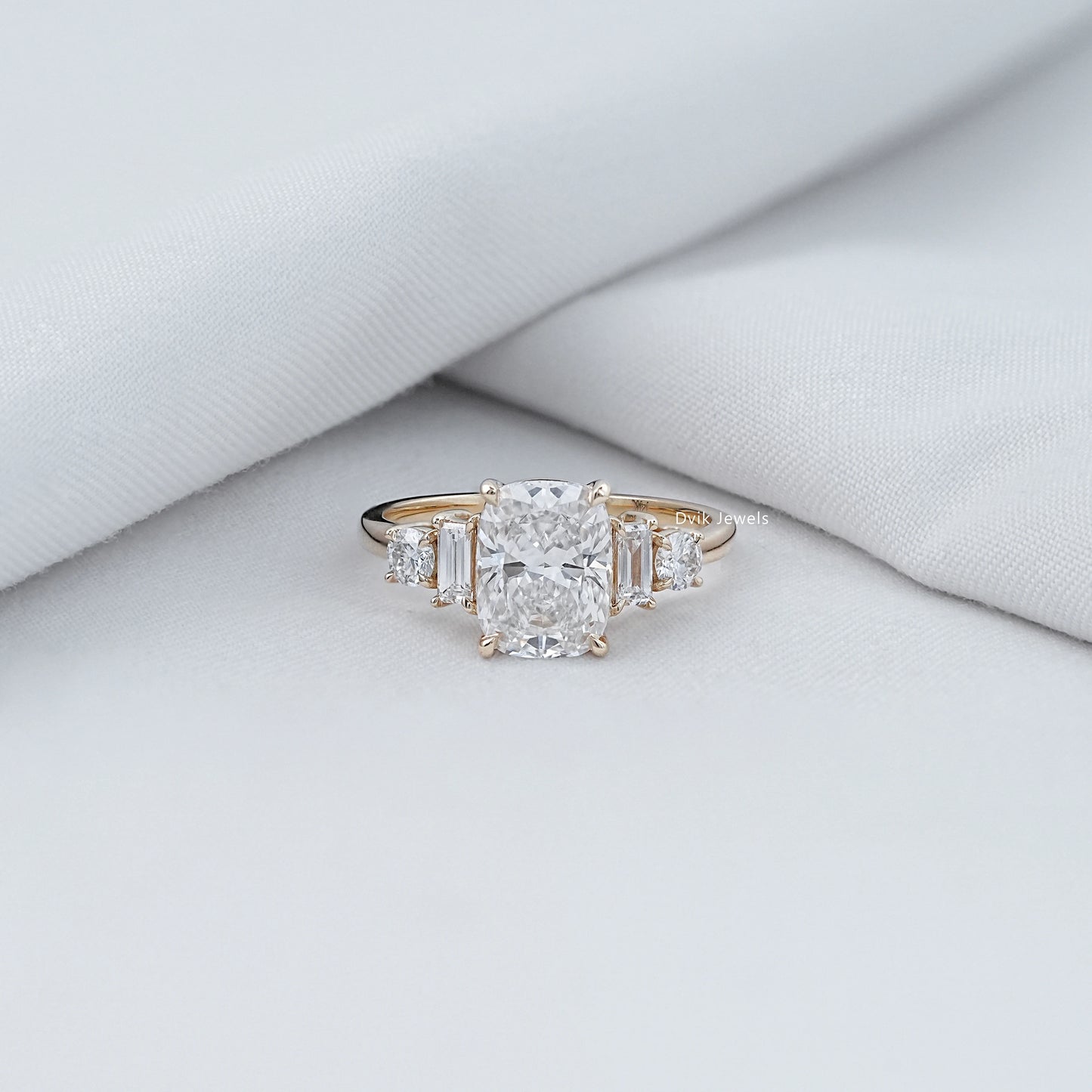 Elongated Cushion Shape Five Diamond Engagement Ring