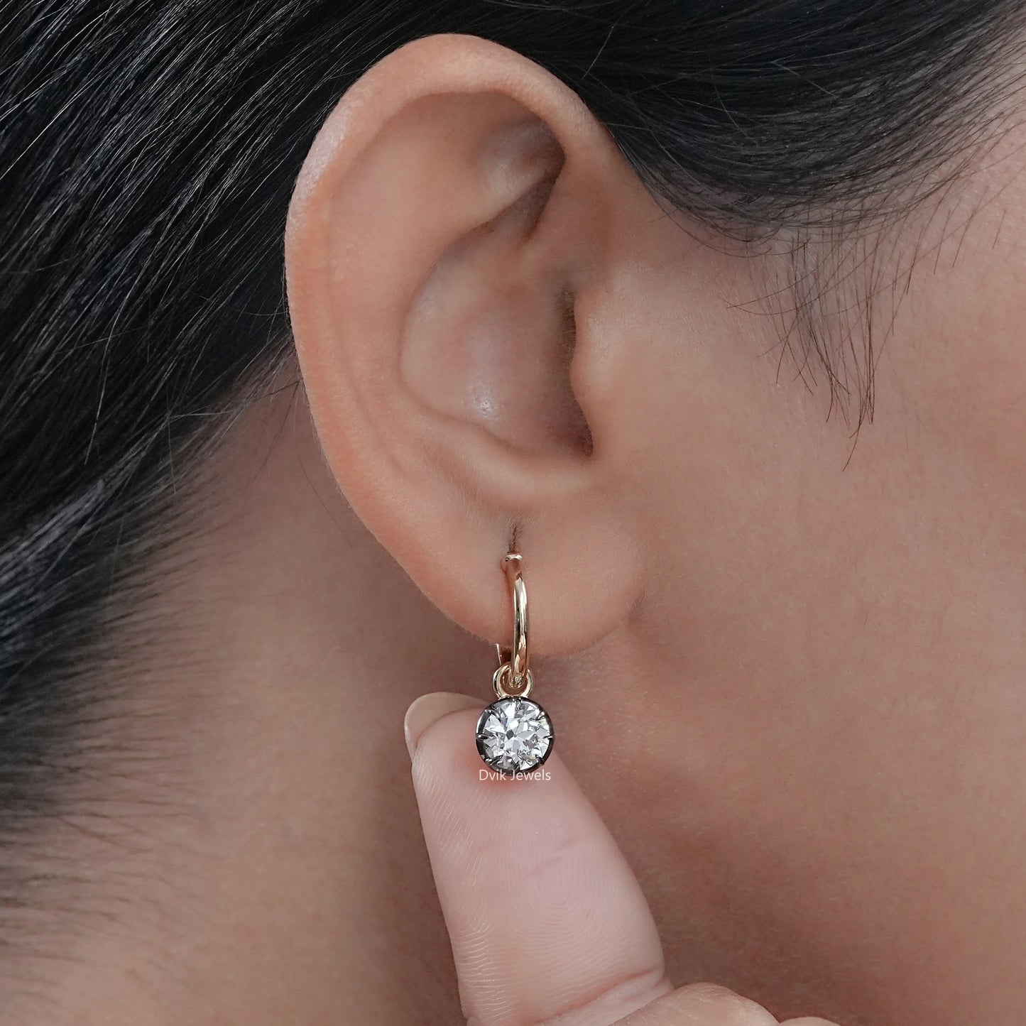 OEC Round Diamond Black Coating Dangle Hoop Earrings