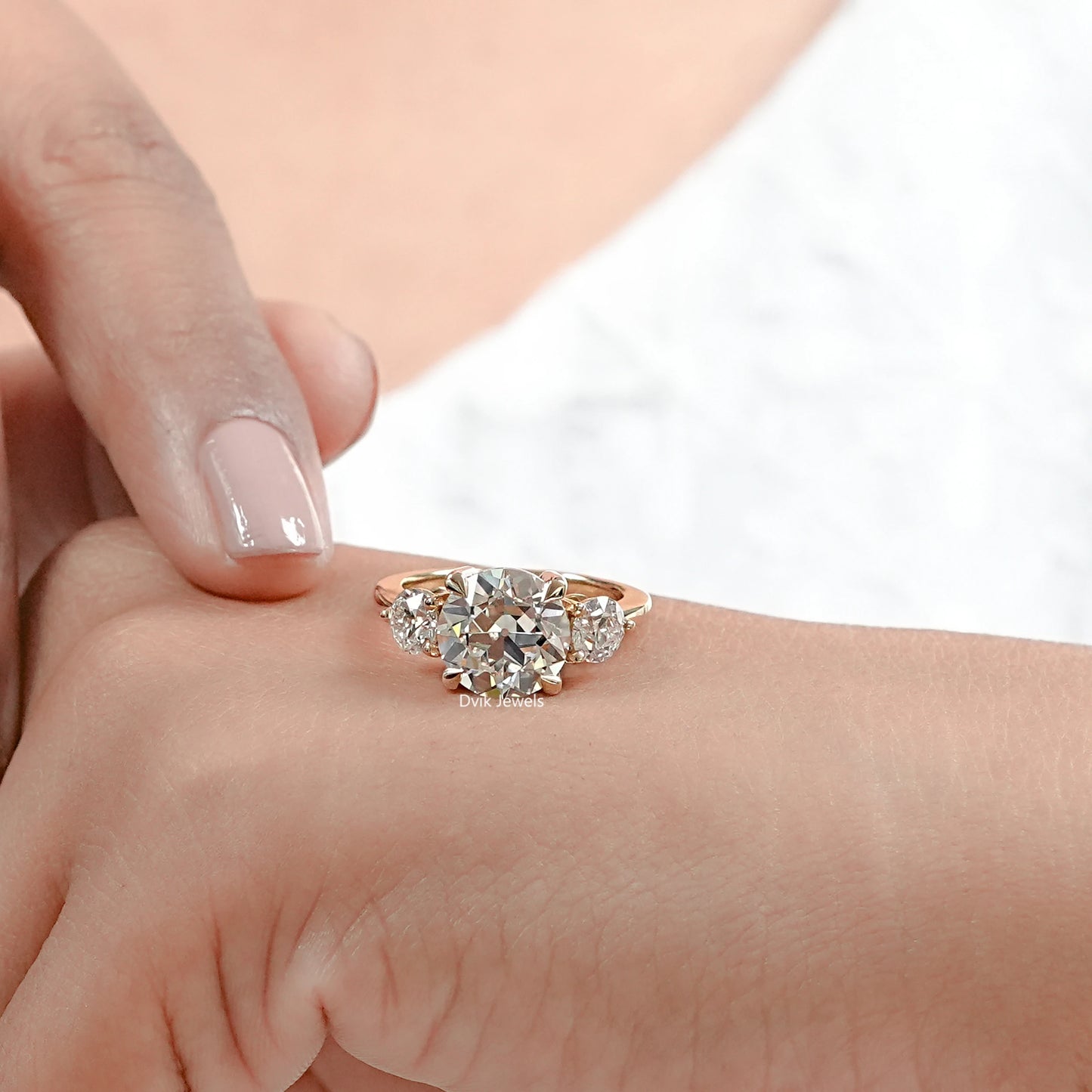 3 Stone Old European Round Diamond Engagement Ring