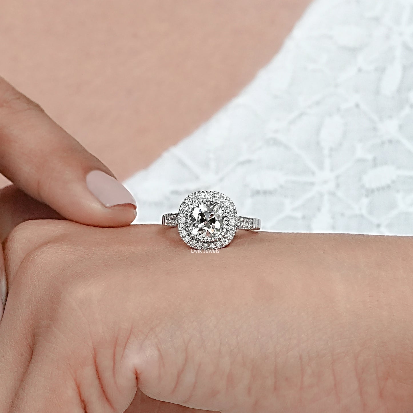 Old Mine Cushion Halo Lab Diamond Art Deco Ring