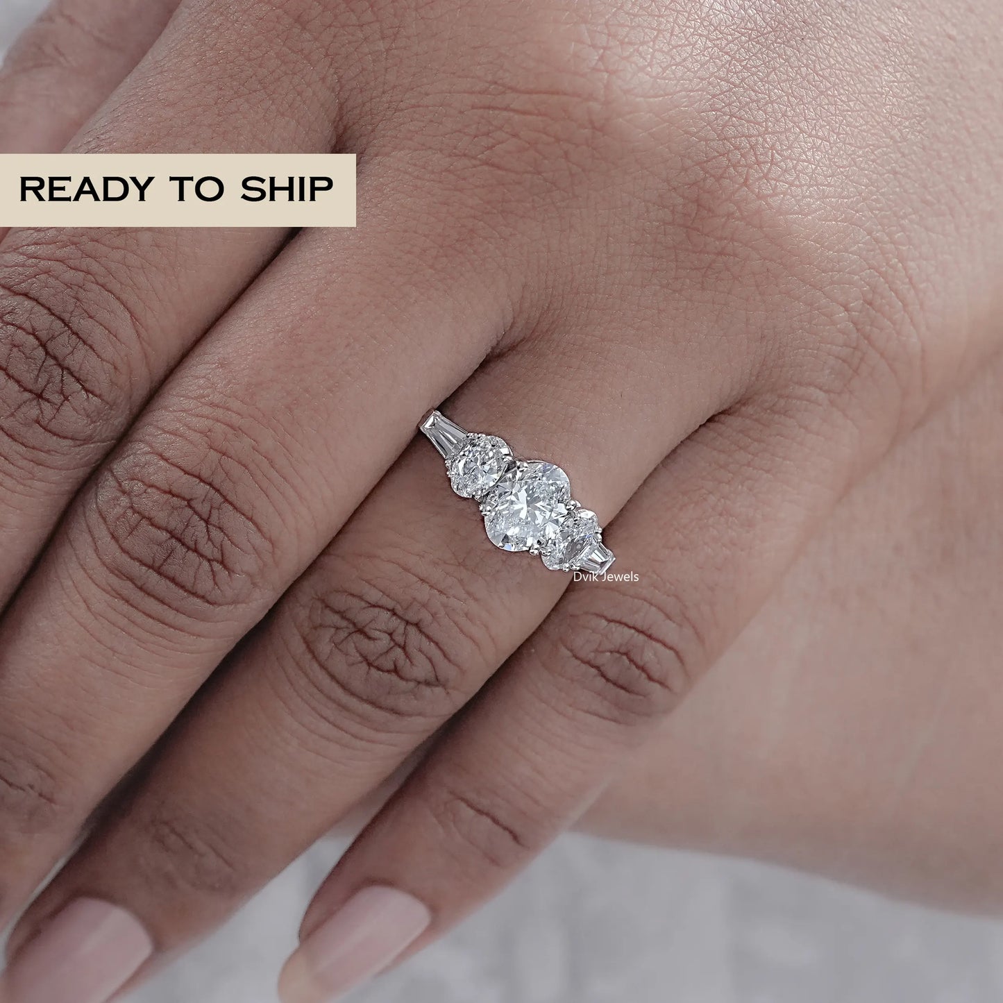 Five Stone Oval Cut Baguette Accent Ring