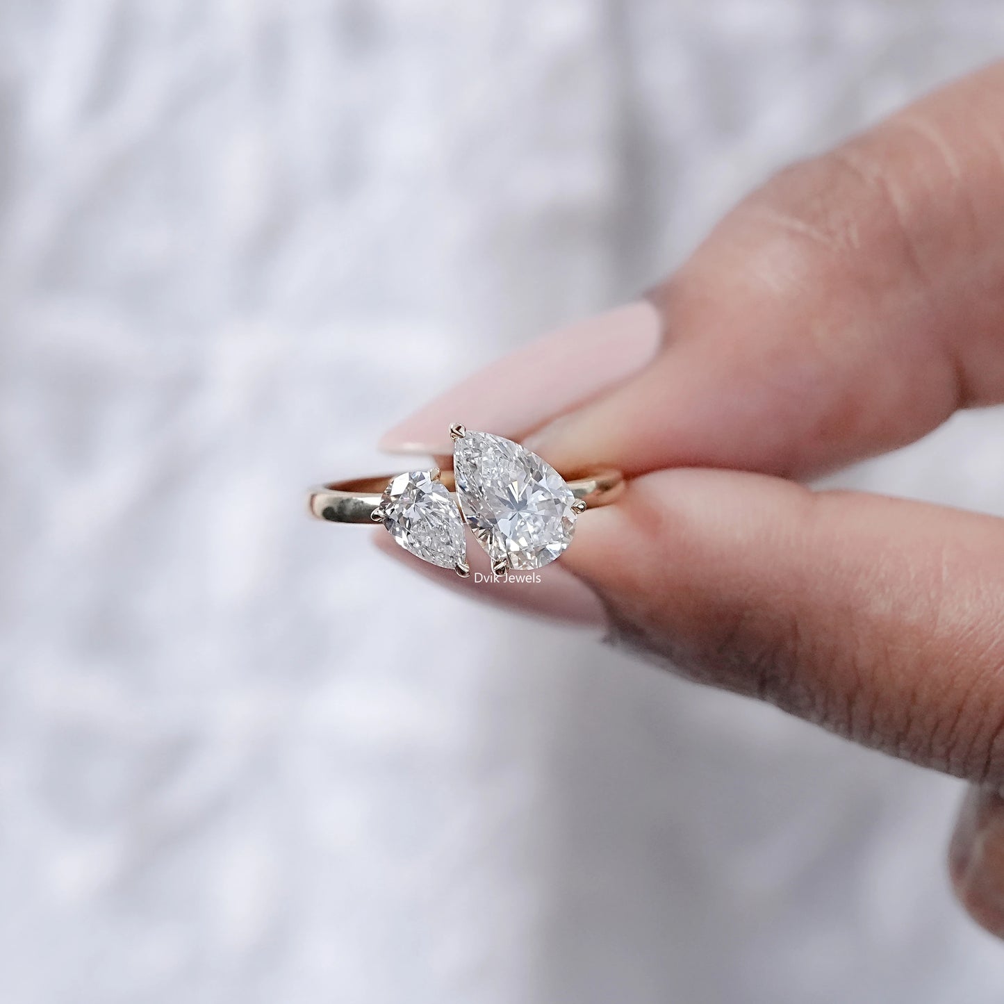 Pear Cut Lab Diamond Two Stone Engagement Ring