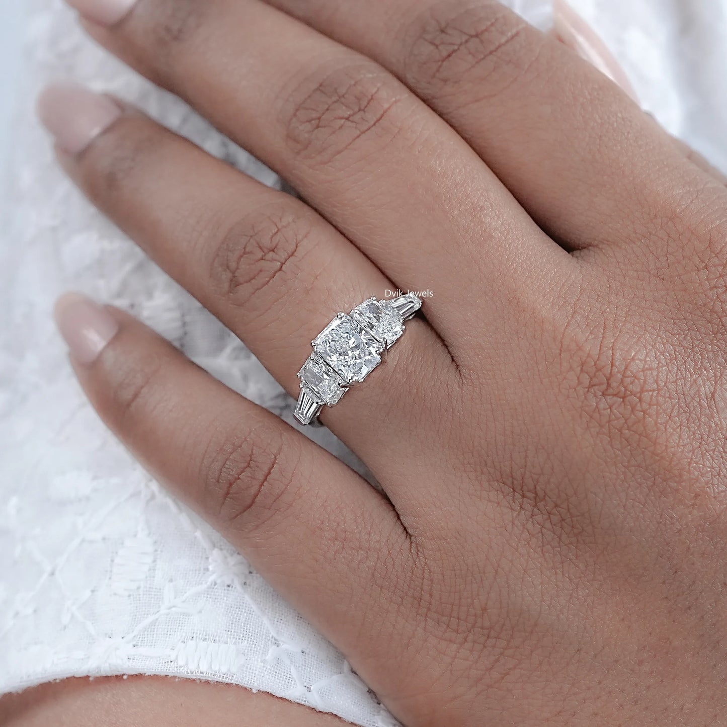 Radiant And Tapered Baguette Lab Diamond Five Stone Ring