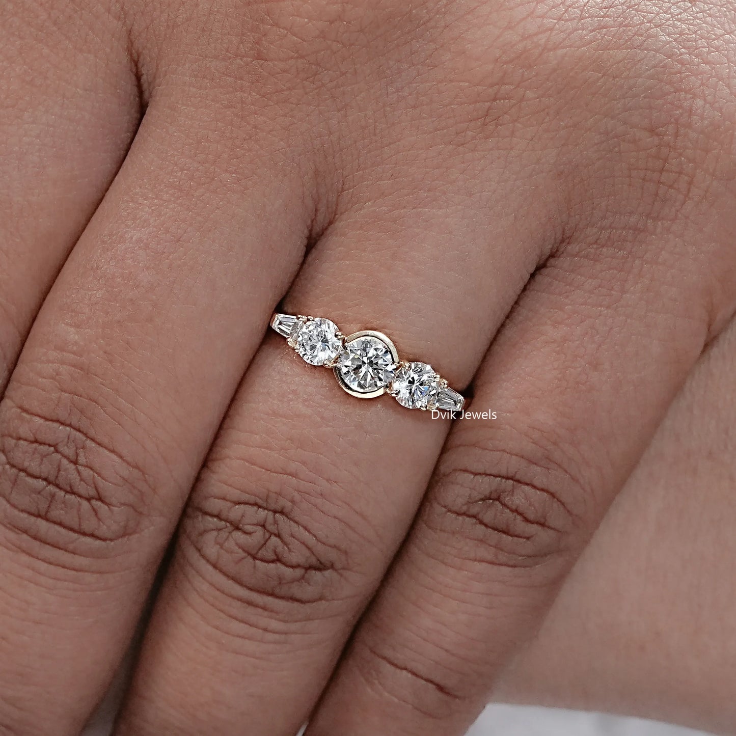 Round And Baguette Diamond Five Stone Accent Ring
