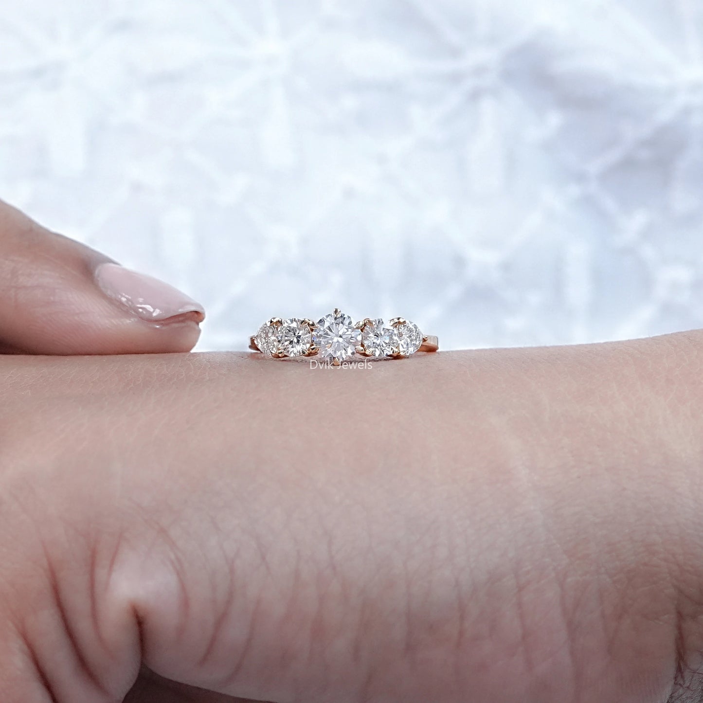 Round Cut Heart Accent Five Stone Ring