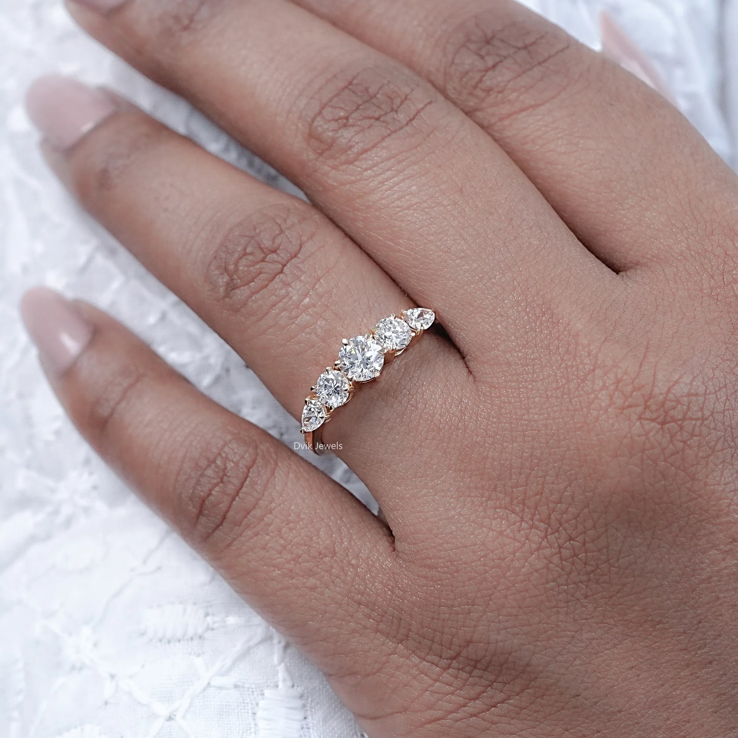 Five Stone Round Diamond Pear Accent Ring