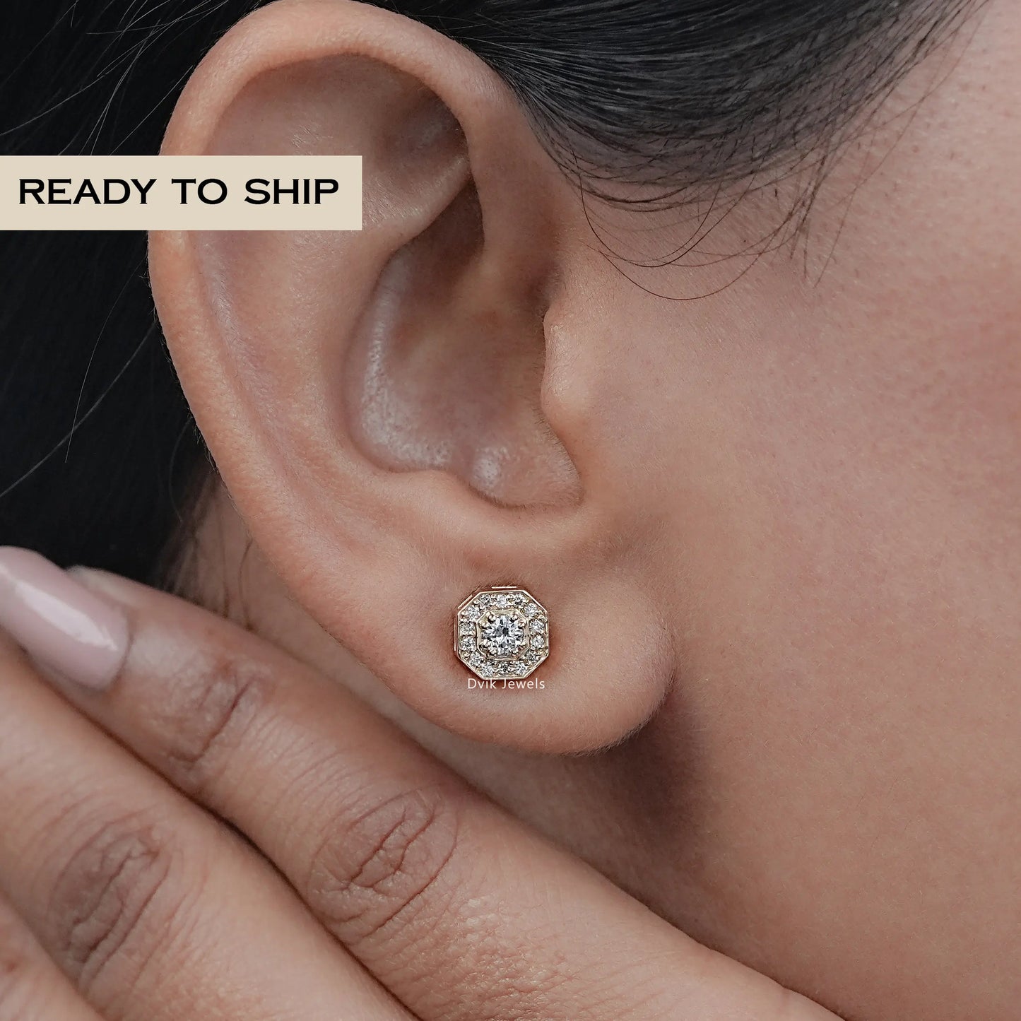 Octagon Shape Round Diamond Halo Stud