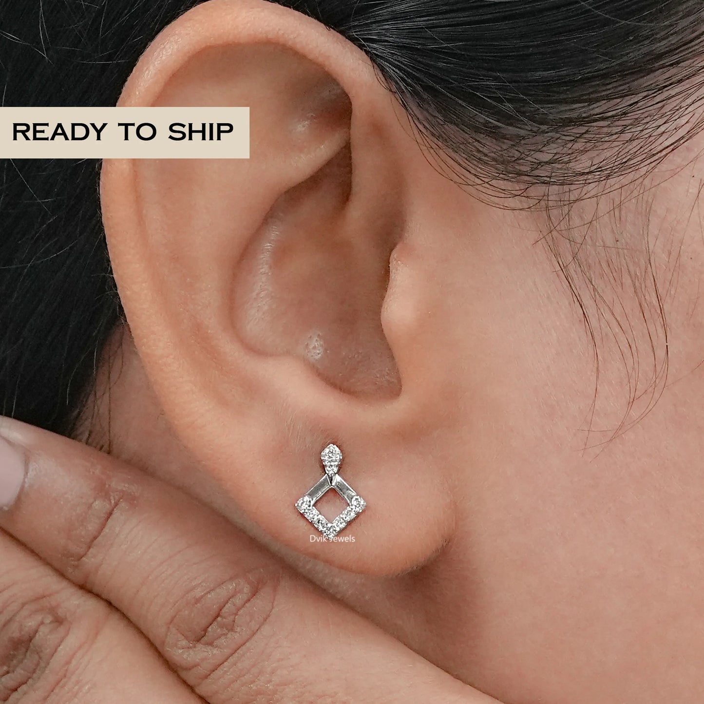 Square Shape Round Diamond Dangle Stud Earrings
