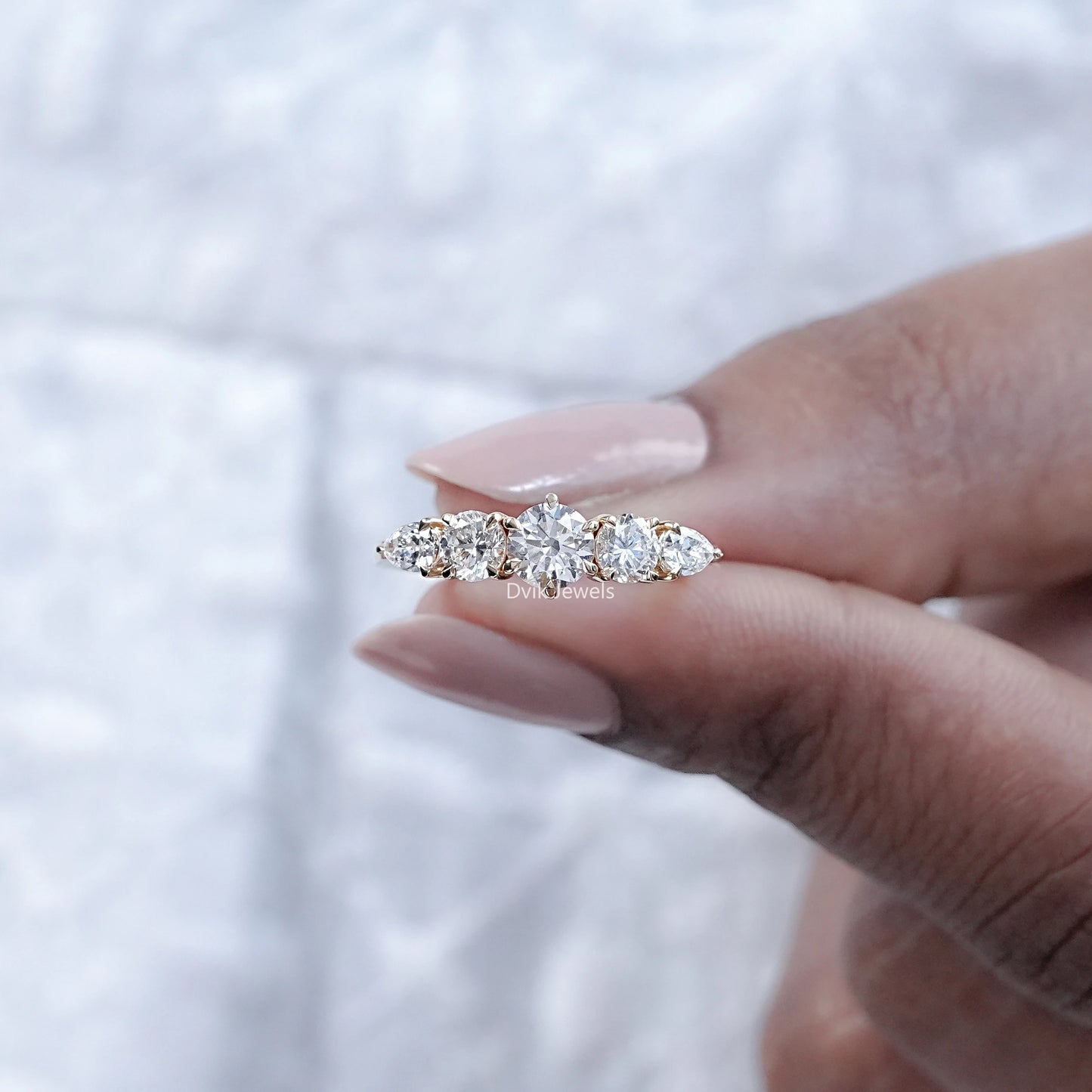 Five Stone Round Diamond Pear Accent Ring