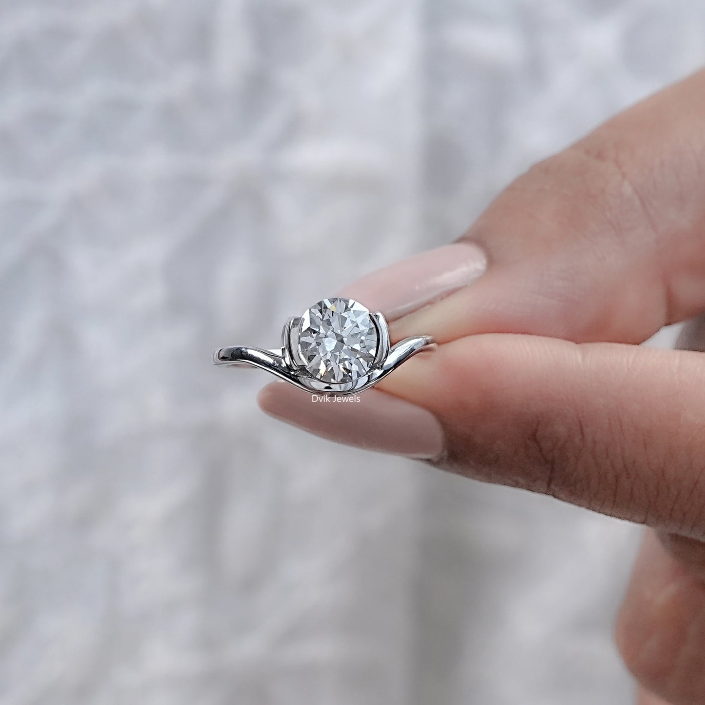 Round Cut Diamond Half Bezel Set Solitaire Ring