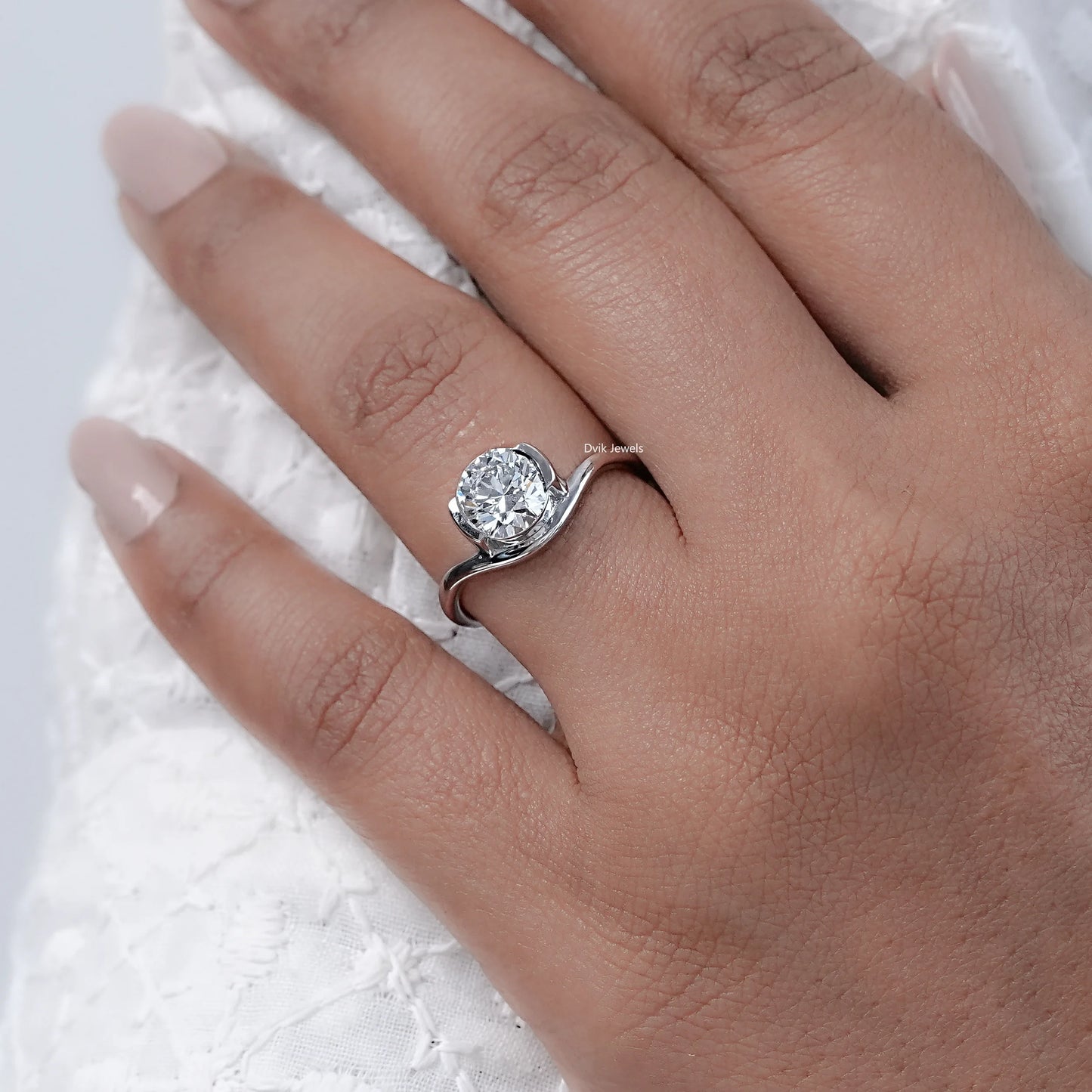 Round Cut Diamond Half Bezel Set Solitaire Ring