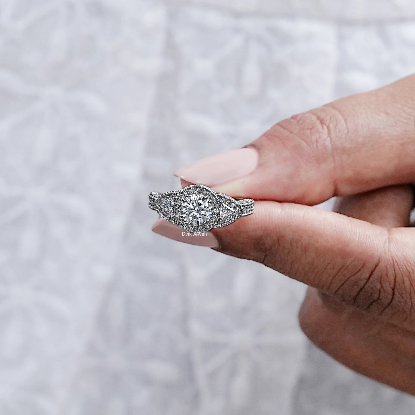 Milgrain Set Halo With Three Stone Engagement Ring