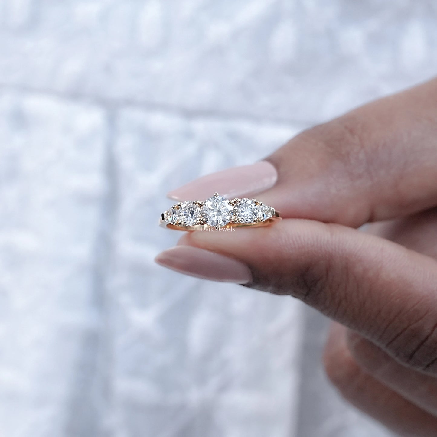Five Stone Shield And Round Cut Lab Diamond Ring