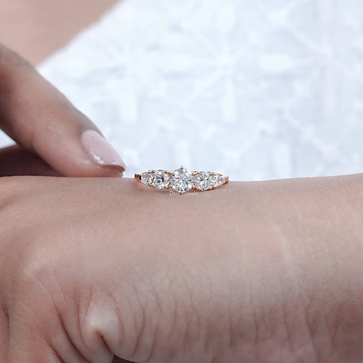 Five Stone Shield And Round Cut Lab Diamond Ring