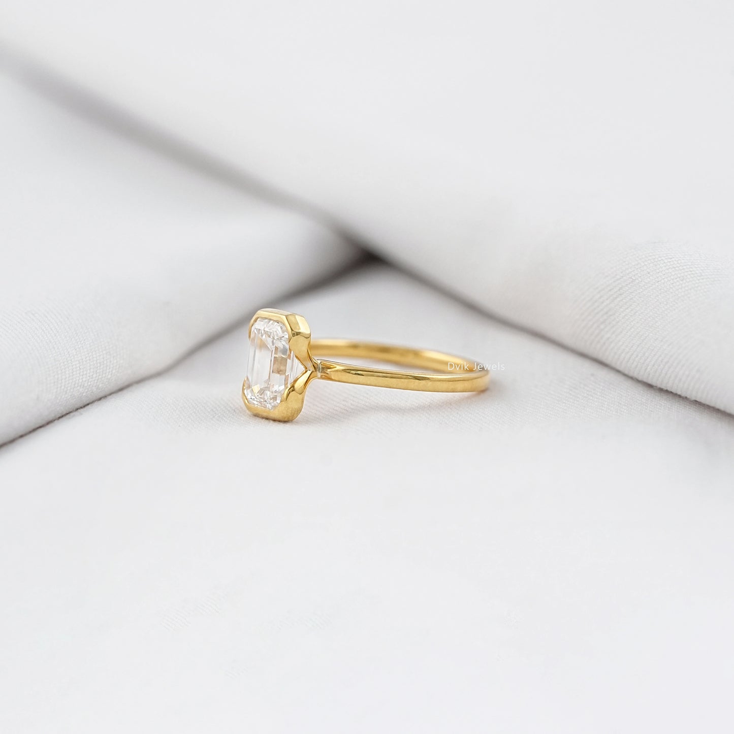 Bezel Set Emerald Cut Lab Diamond Engagement Ring