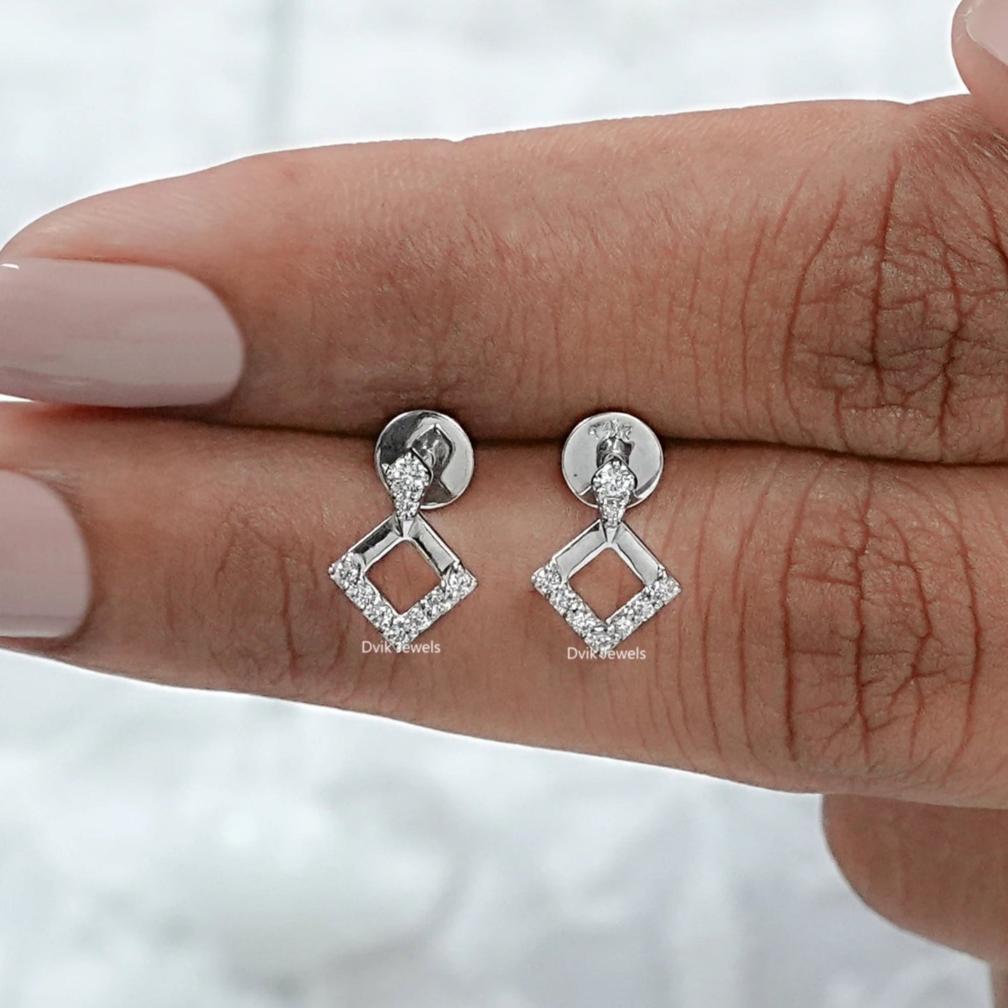 Square Shape Round Diamond Dangle Stud Earrings