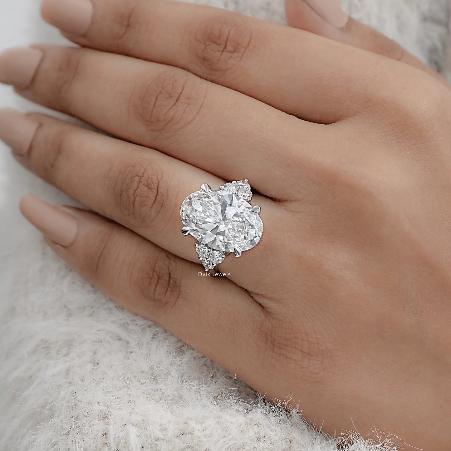 Oval Shape Lab Diamond Accent Engagement Ring
