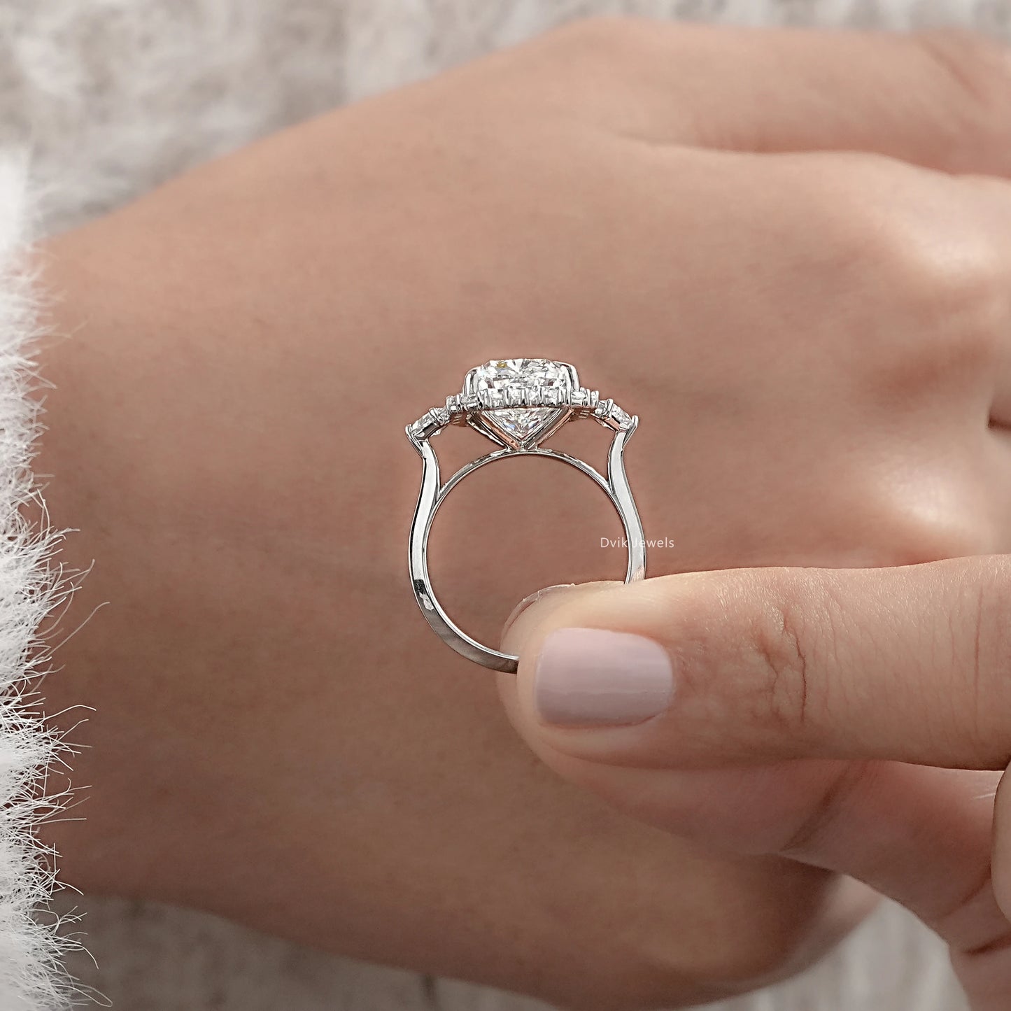 Cushion Cut Lab Diamond Three Stone Halo Engagement Ring