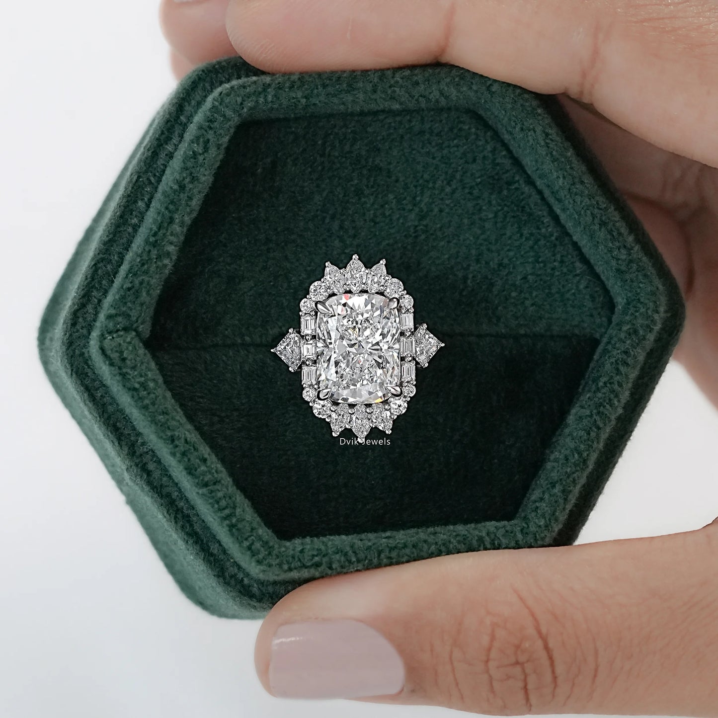 Cushion Cut Lab Diamond Three Stone Halo Engagement Ring