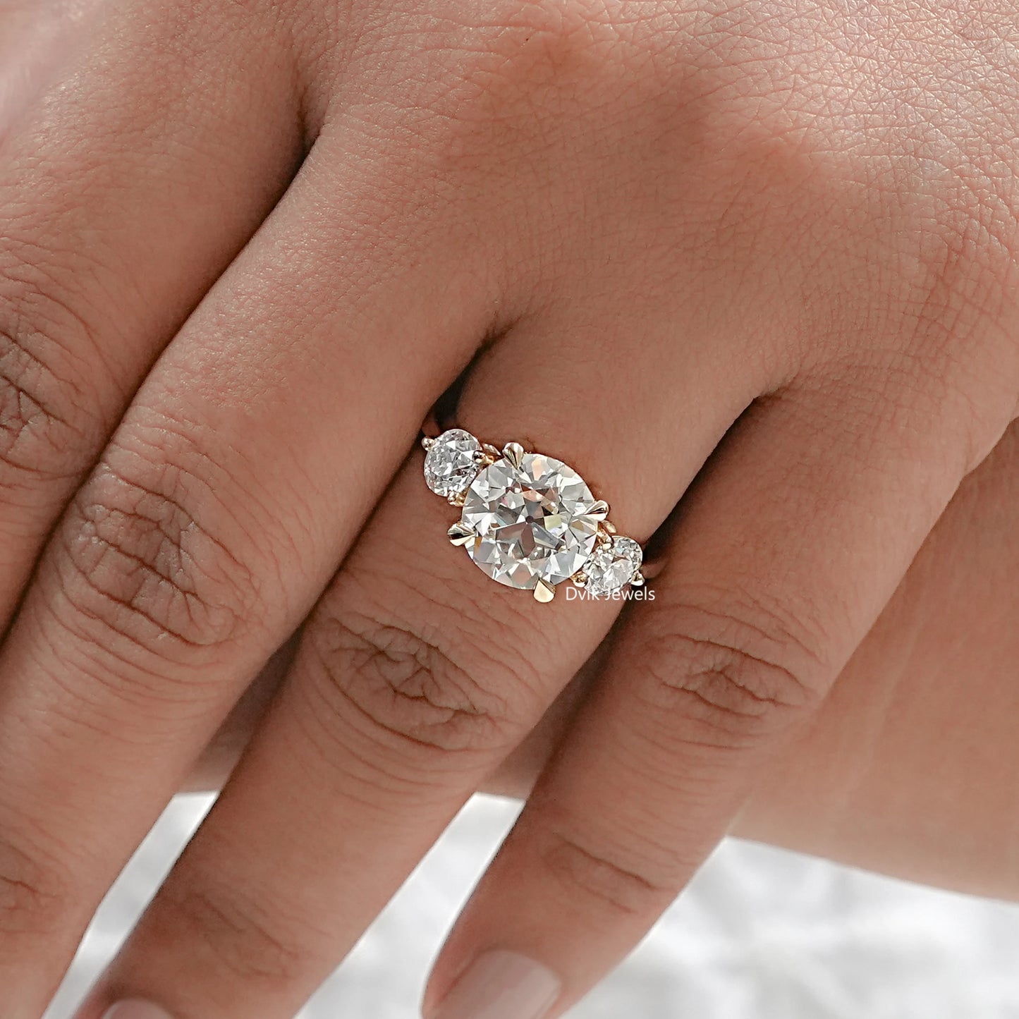 3 Stone Old European Round Diamond Engagement Ring