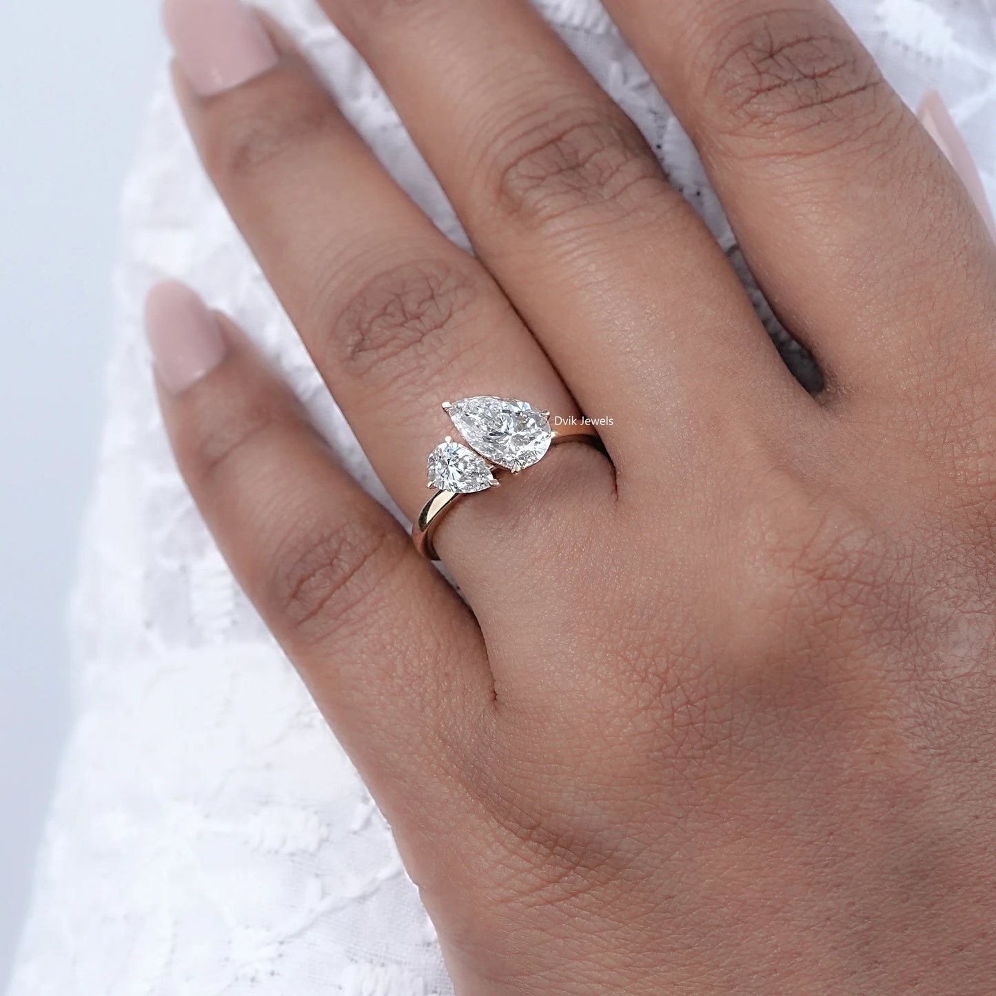 Pear Cut Lab Diamond Two Stone Engagement Ring