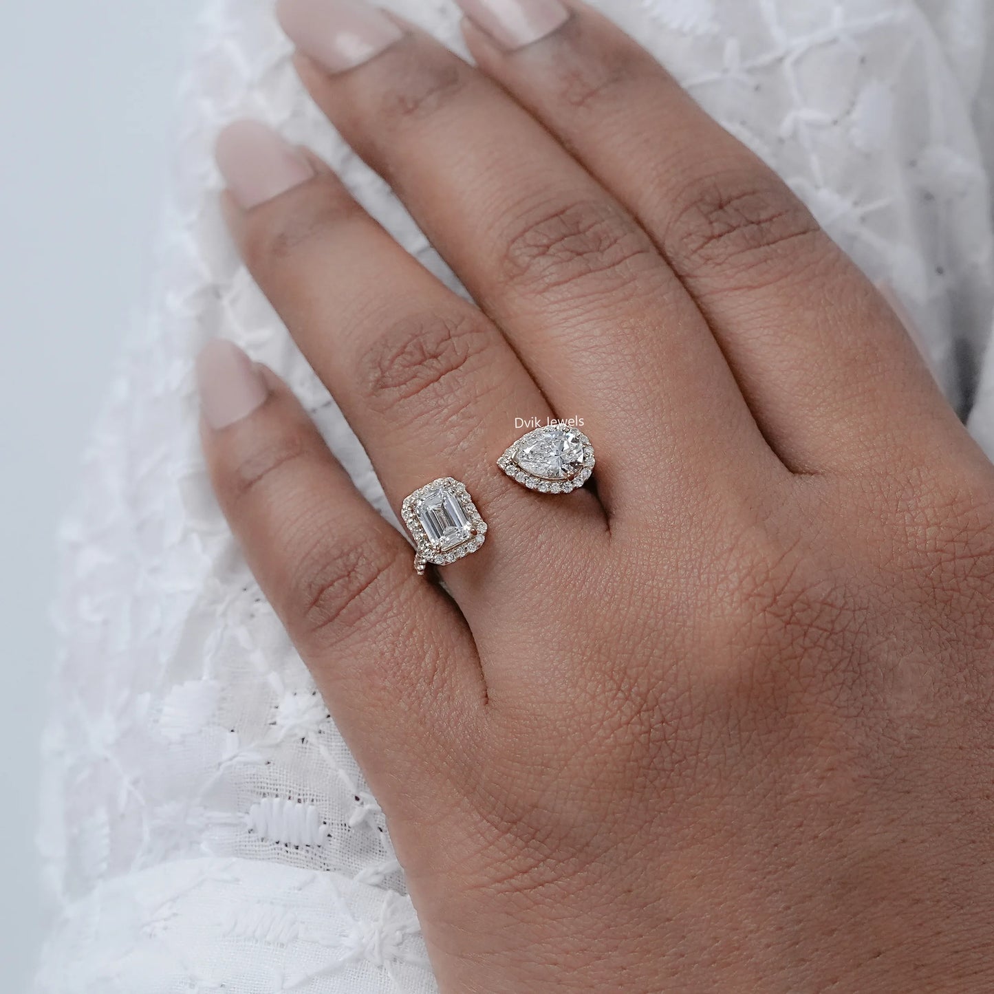 Emerald & Pear Halo Lab Diamond Two Stone Ring