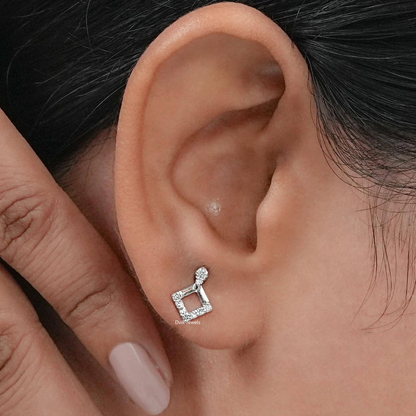 Square Shape Round Diamond Dangle Stud Earrings