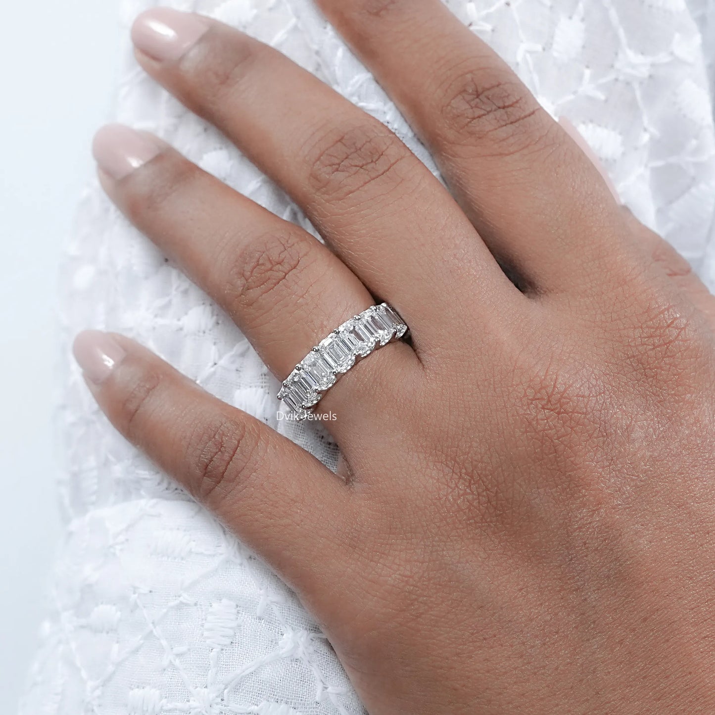 Half Eternity Emerald Cut Lab Diamond Wedding Band