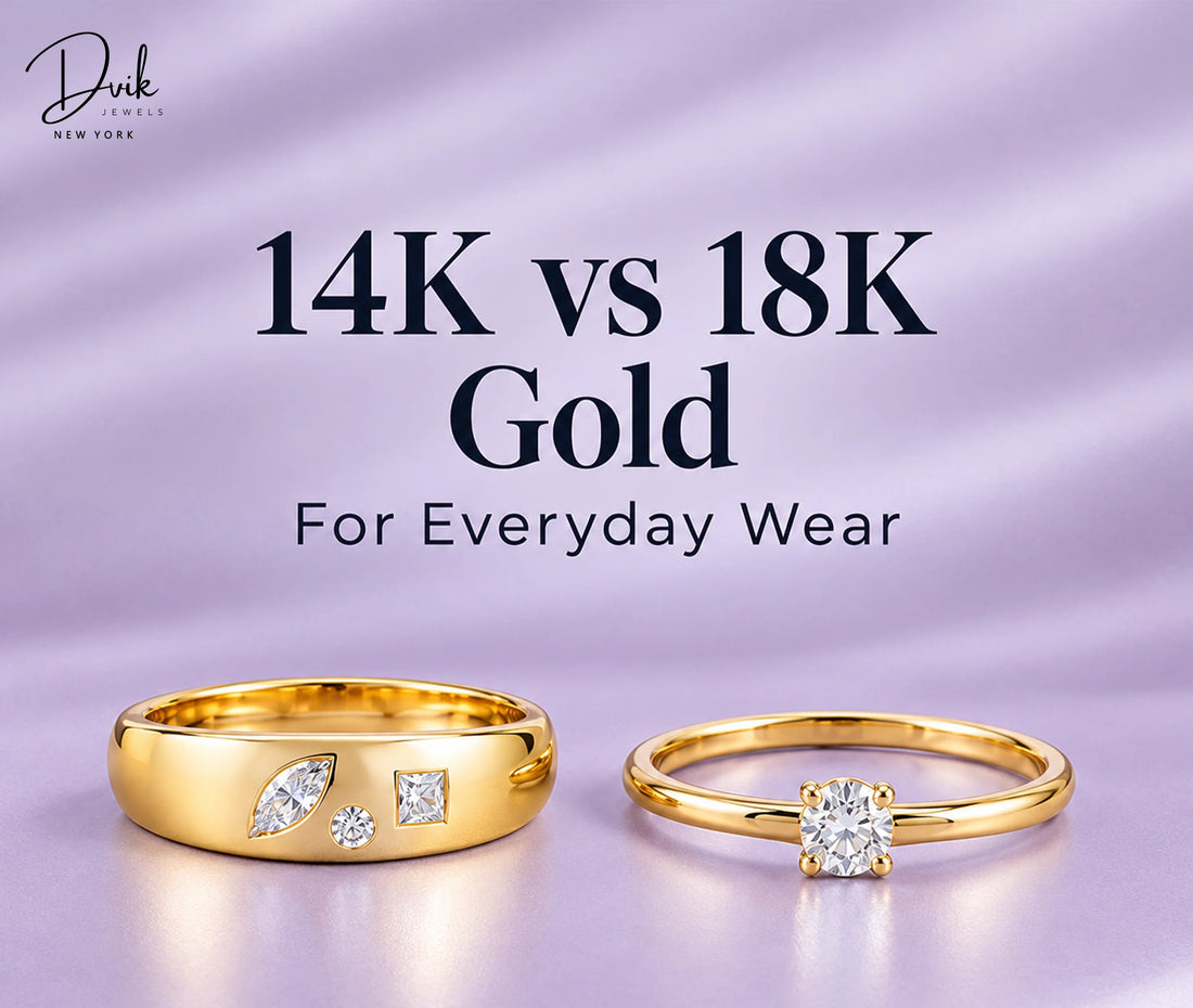 14K vs 18K gold rings by Dvik Jewels, comparing gold styles for everyday wear with diamond accents and classic designs.