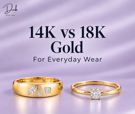 14K vs 18K gold rings by Dvik Jewels, comparing gold styles for everyday wear with diamond accents and classic designs.