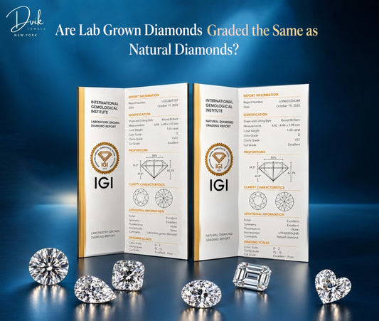 IGI diamond grading reports with loose lab grown diamonds, by Dvik Jewels, displayed against a deep blue background.