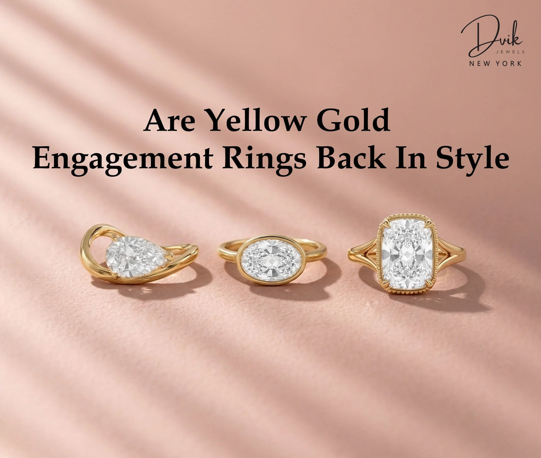 Yellow gold engagement rings in pear, oval and radiant cuts, Dvik Jewels showcasing modern lab grown diamond jewelry styles.