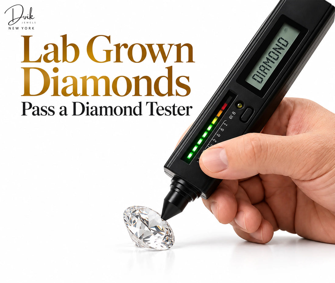 Lab grown diamond tested by Dvik Jewels using a handheld diamond tester beside a loose stone on a white background.