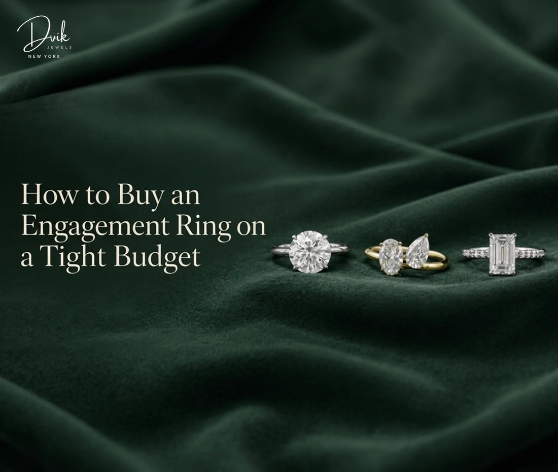 Engagement rings on dark fabric, while Dvik Jewels highlights tips for choosing an affordable ring on a tight budget.