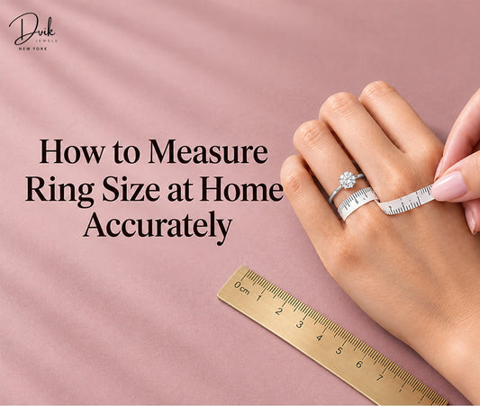 A woman checks her ring size with a measuring tape and ruler, while Dvik Jewels offers guidance for accurate at-home ring measurement.