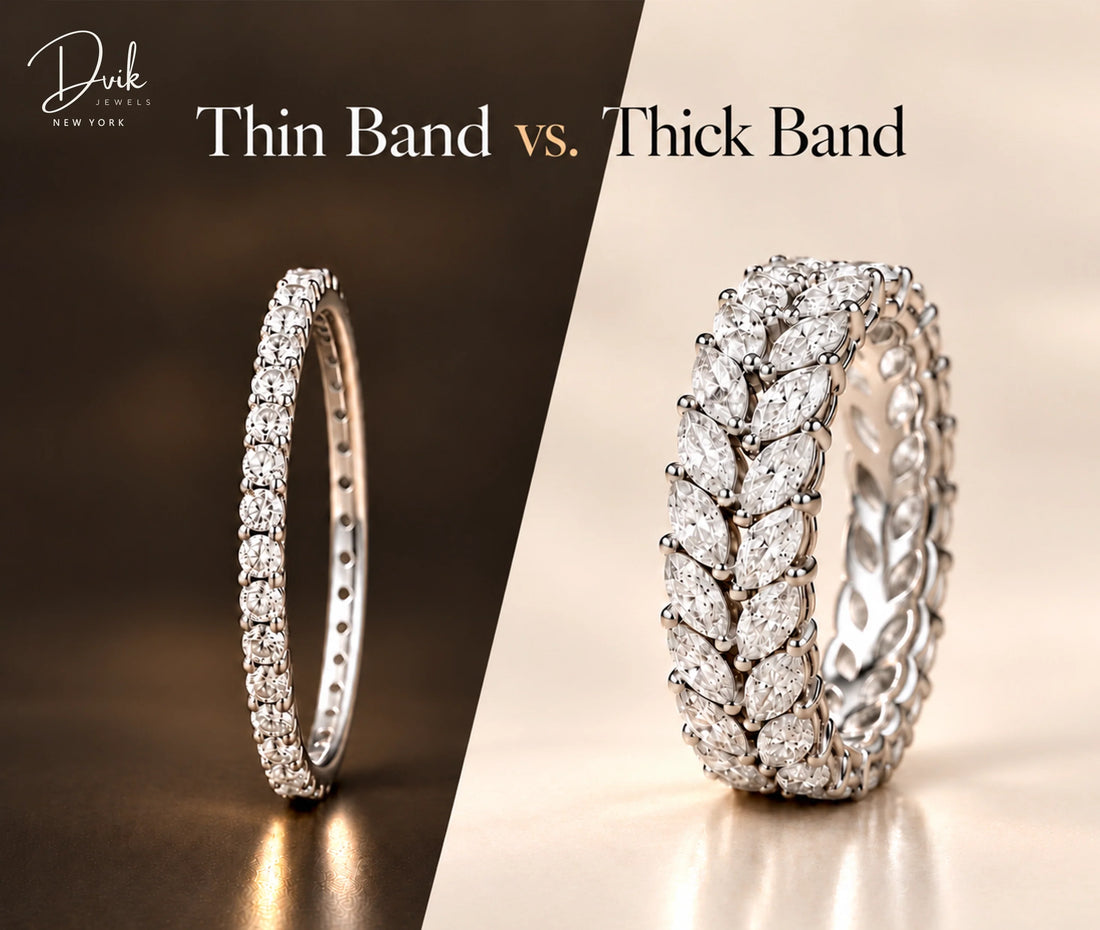 Thin diamond band and thick diamond band, by Dvik Jewels, comparing two sparkling ring styles on split background.